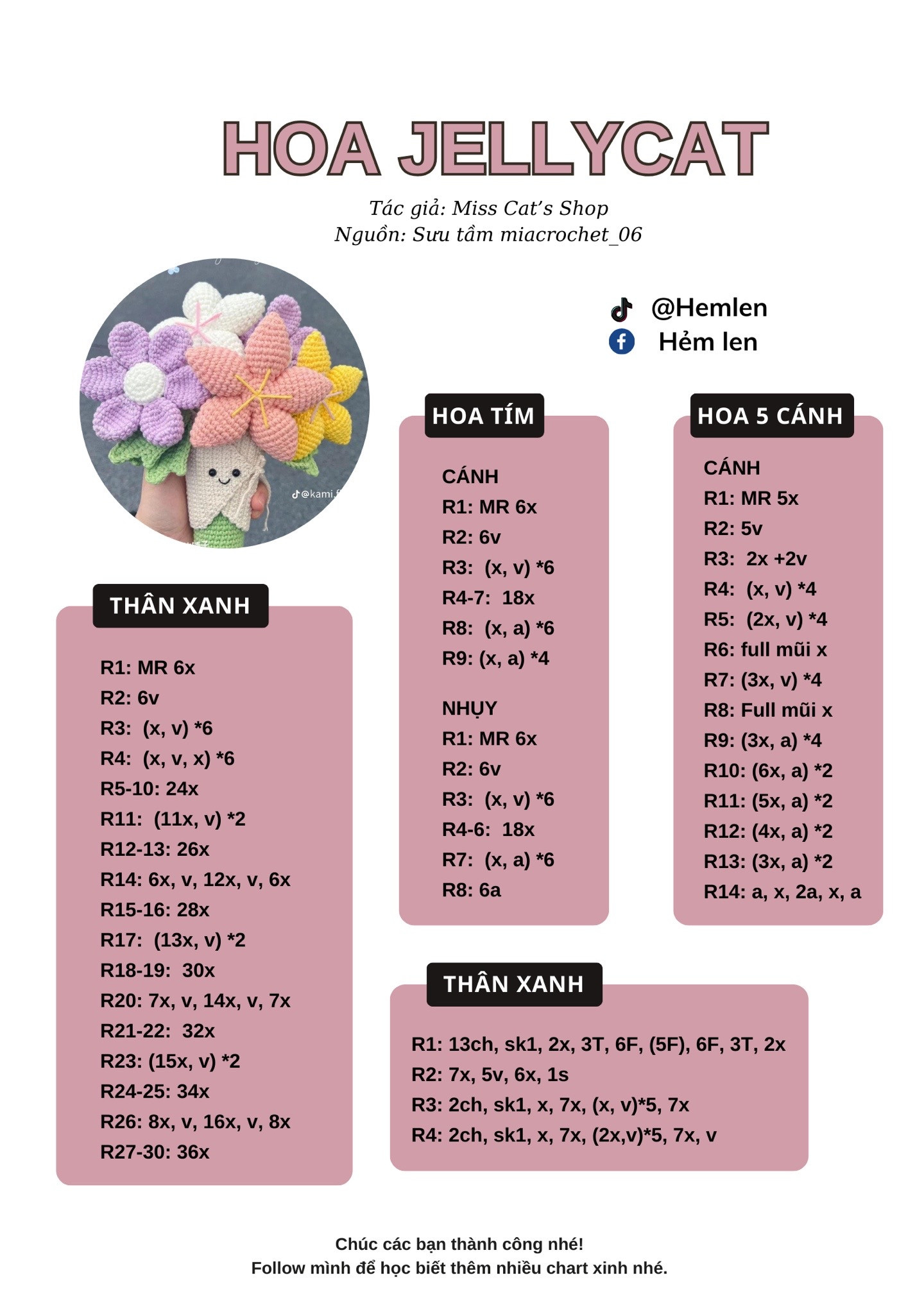 Chart móc len Hoa Jellycat - Hướng dẫn chi tiết từng hàng