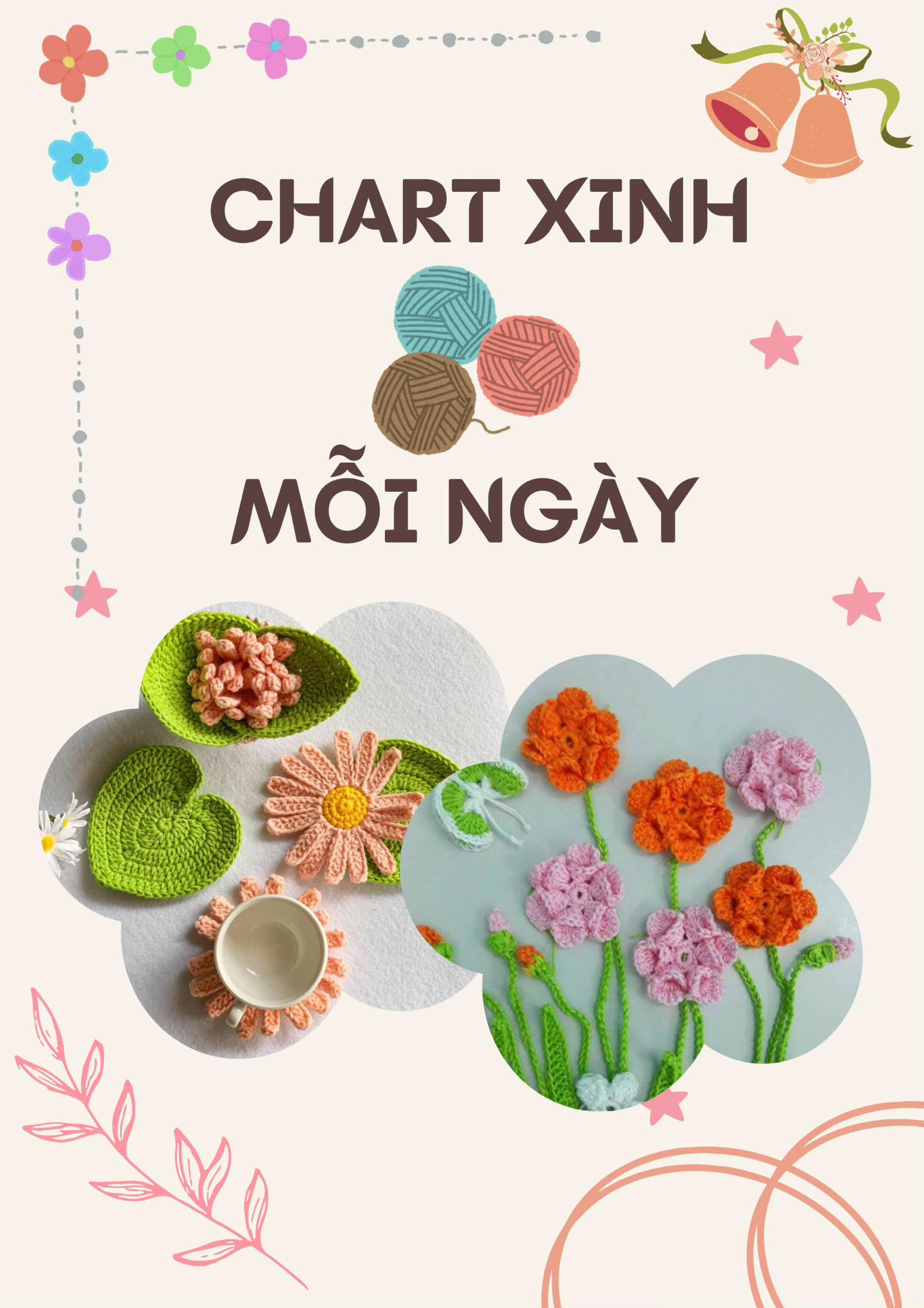 Chart móc len hoa tulip màu cam, trắng và vàng