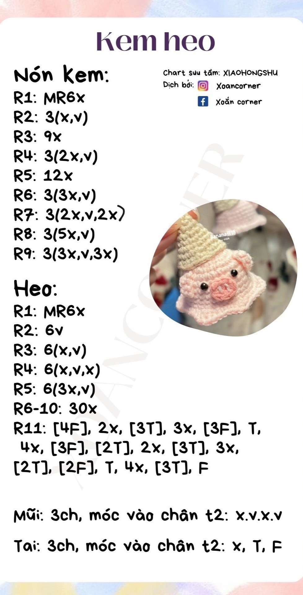 Chart móc len Kem heo dễ thương màu hồng và kem