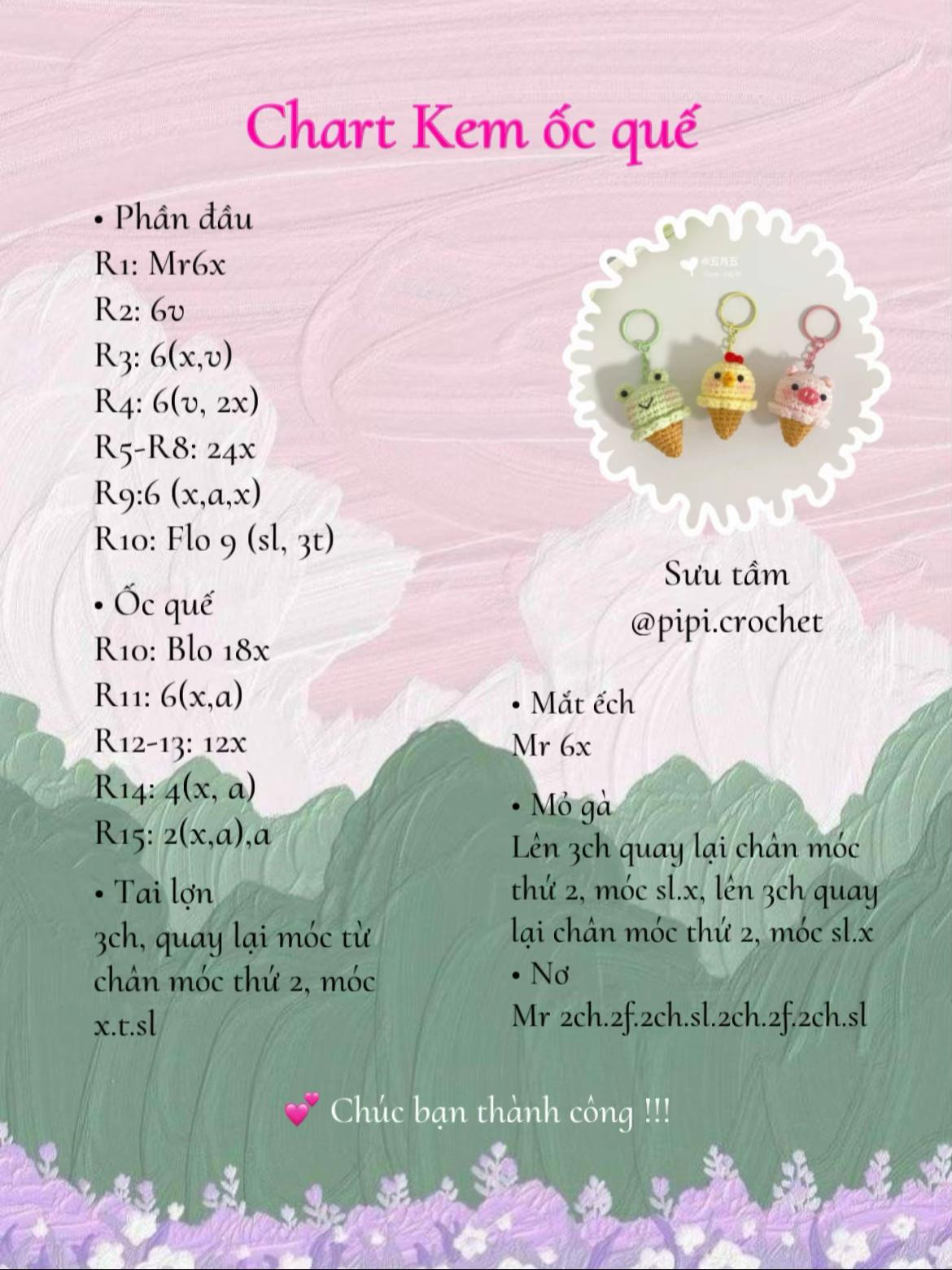 Chart móc len kem ốc quế hình con vật dễ thương: ếch, gà và lợn