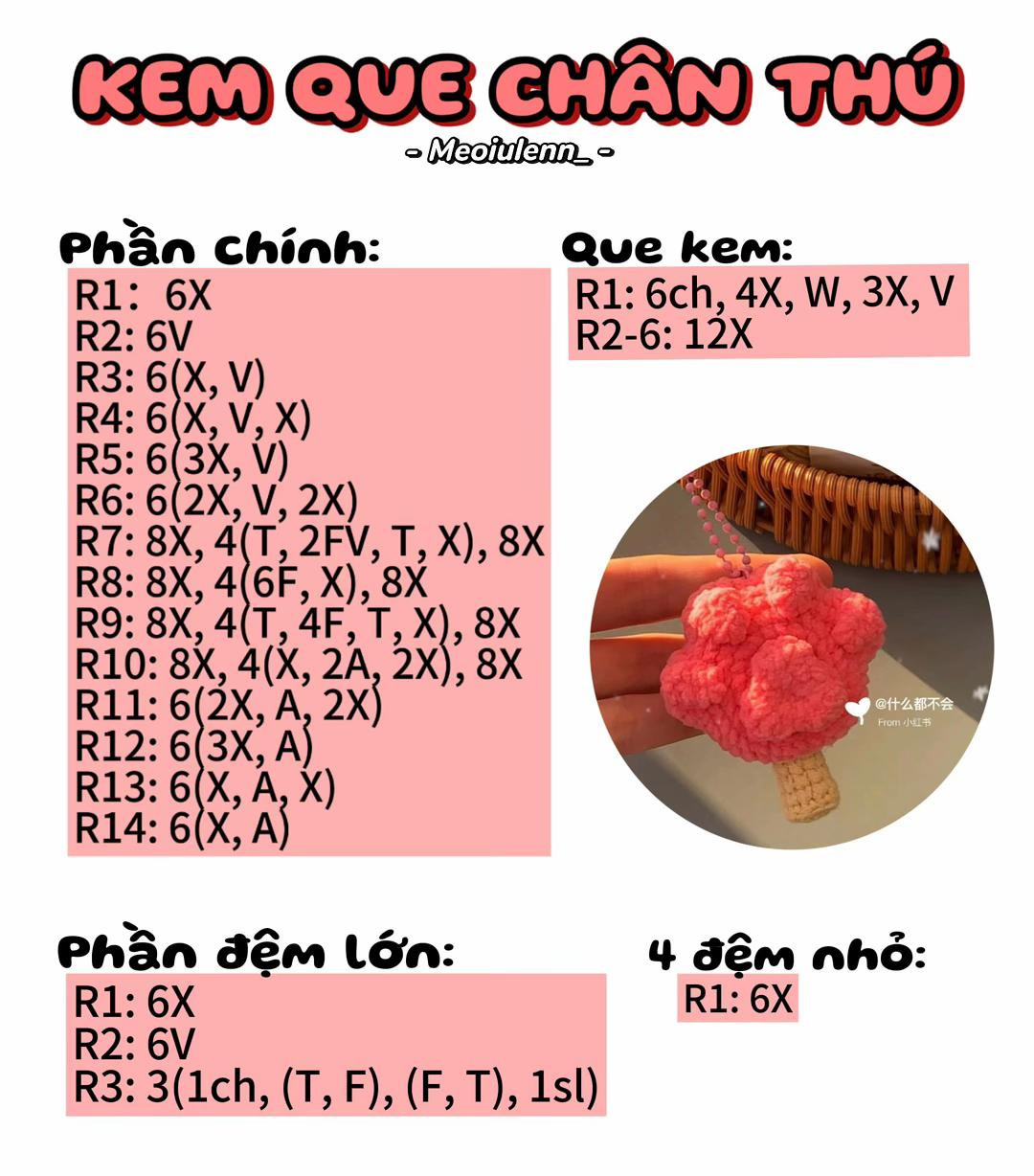 Chart Móc Len Kem Que Chân Thú Màu Hồng Dễ Thương
