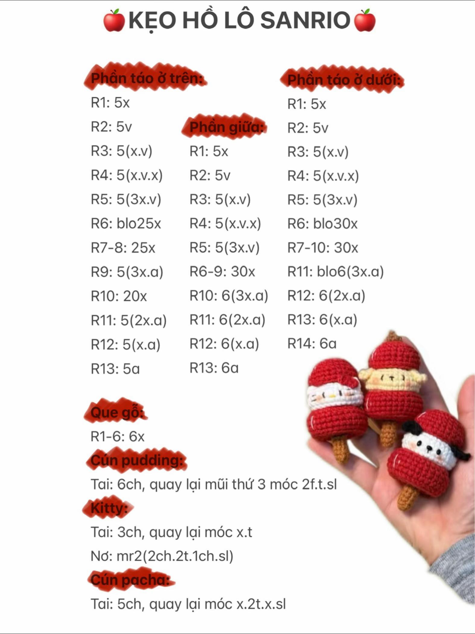 Chart Móc Len Kẹo Hồ Lô Sanrio Hello Kitty và Cún Pudding