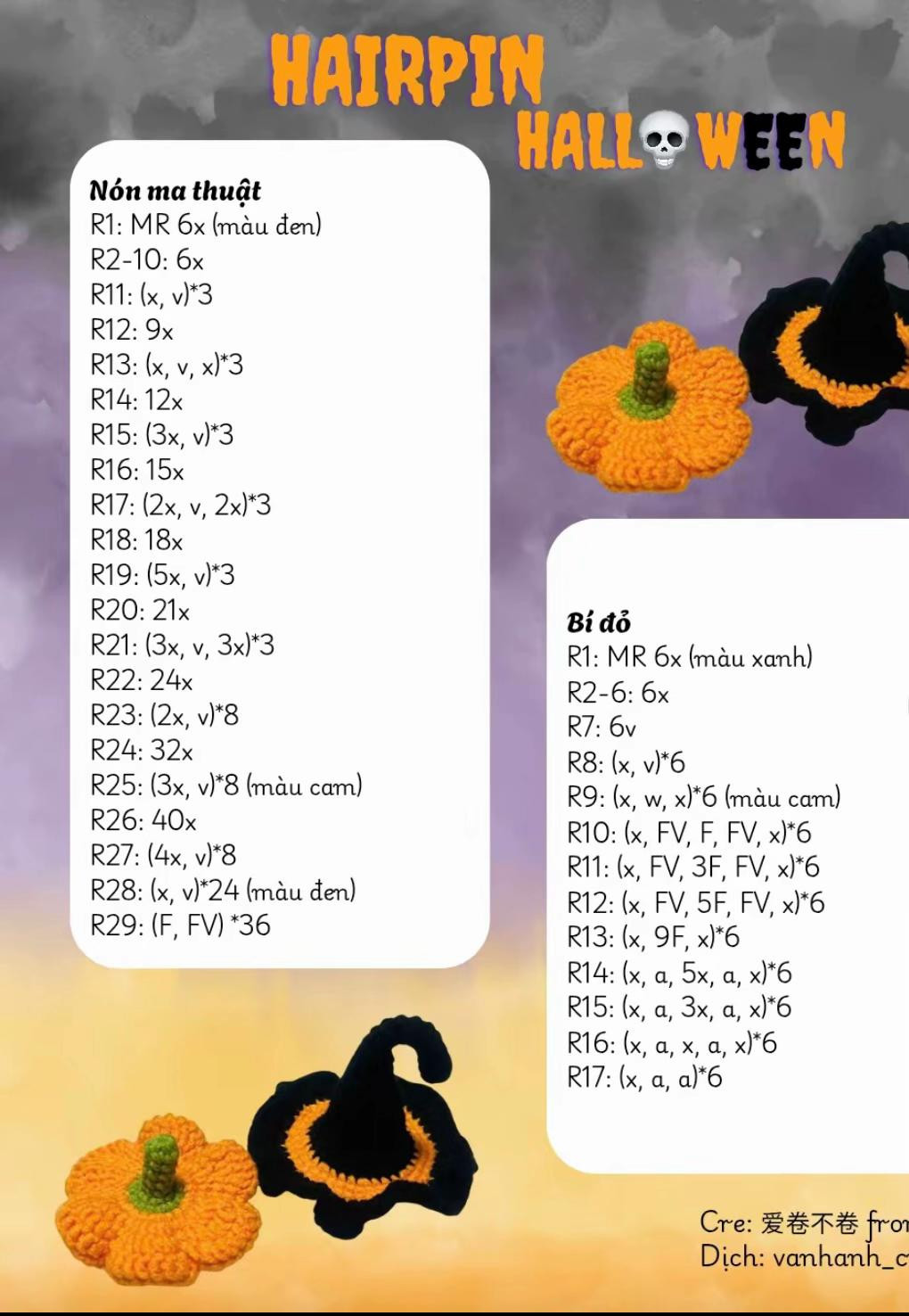 Chart Móc Len Kẹp Tóc Halloween: Nón Ma Thuật, Bí Đỏ, Dơi