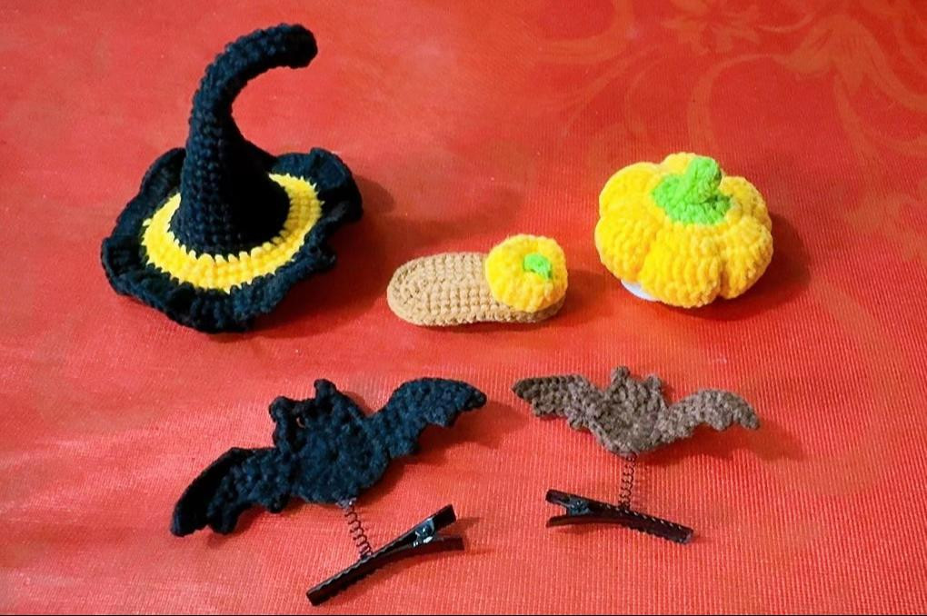 Chart Móc Len Kẹp Tóc Halloween: Nón Ma Thuật, Bí Đỏ, Dơi