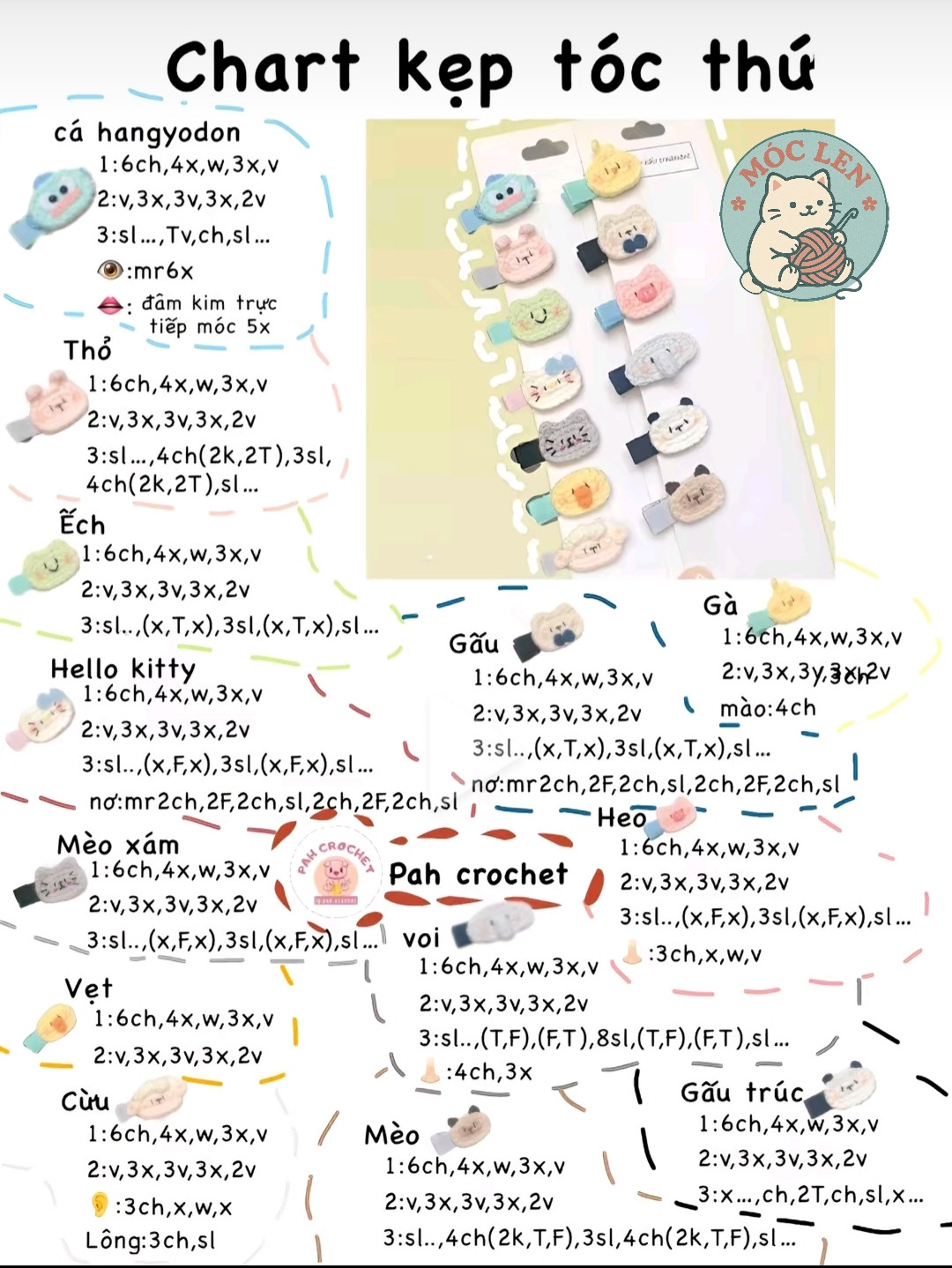 Chart móc len kẹp tóc hình các loài thú dễ thương
