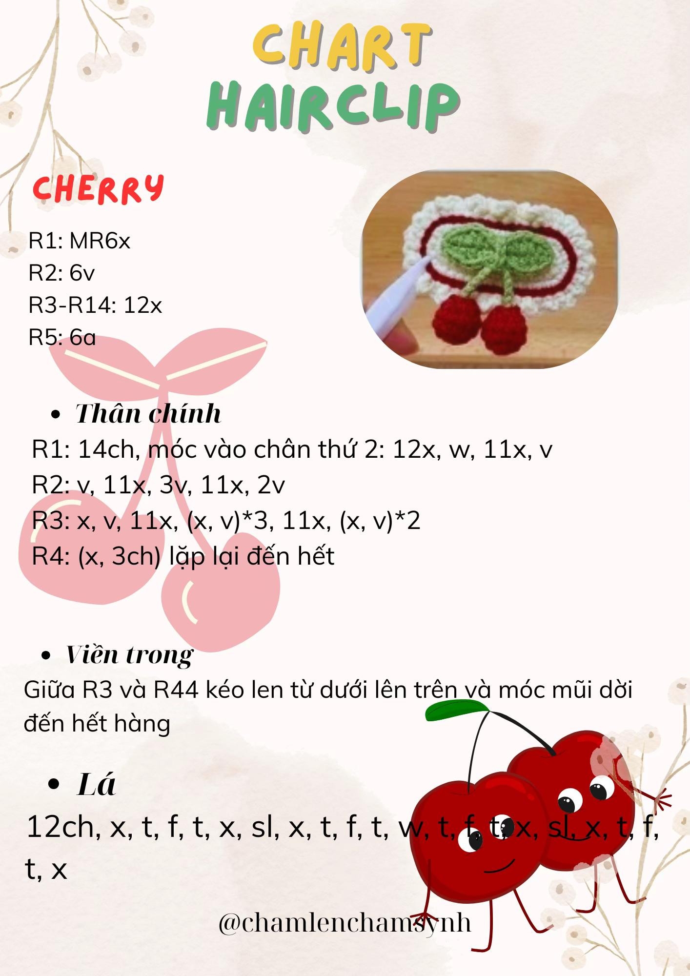 Chart móc len kẹp tóc hình quả anh đào đỏ