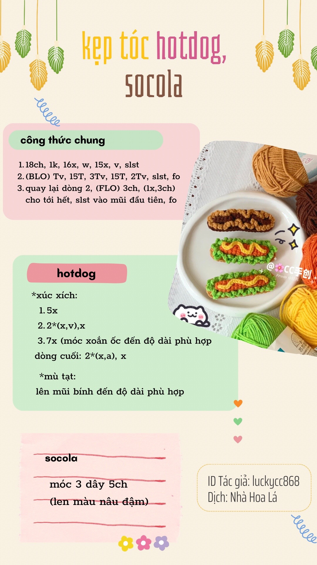 Chart móc len kẹp tóc: Topping vương miện, Hotdog socola và Trái cây