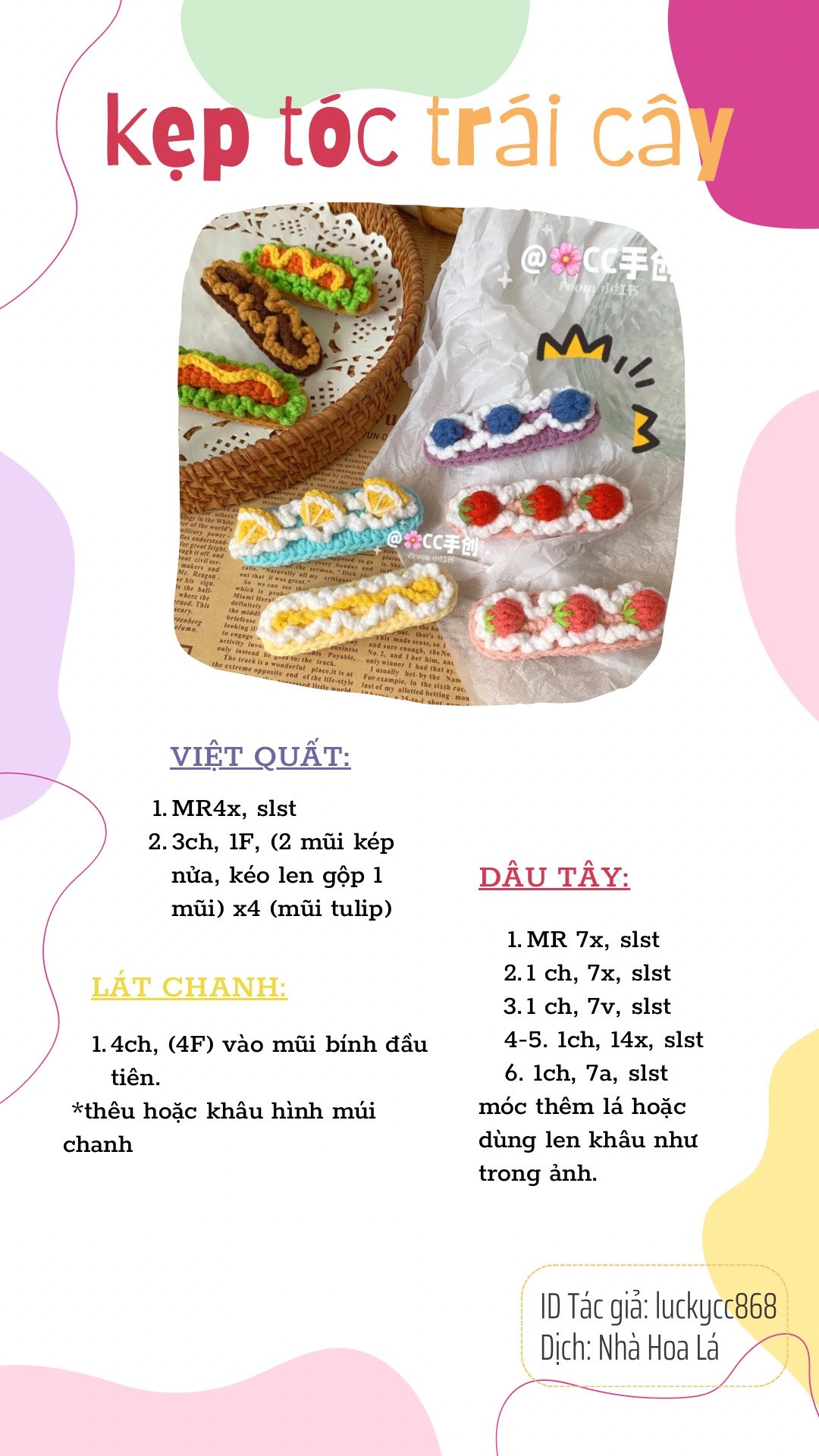 Chart móc len kẹp tóc: Topping vương miện, Hotdog socola và Trái cây