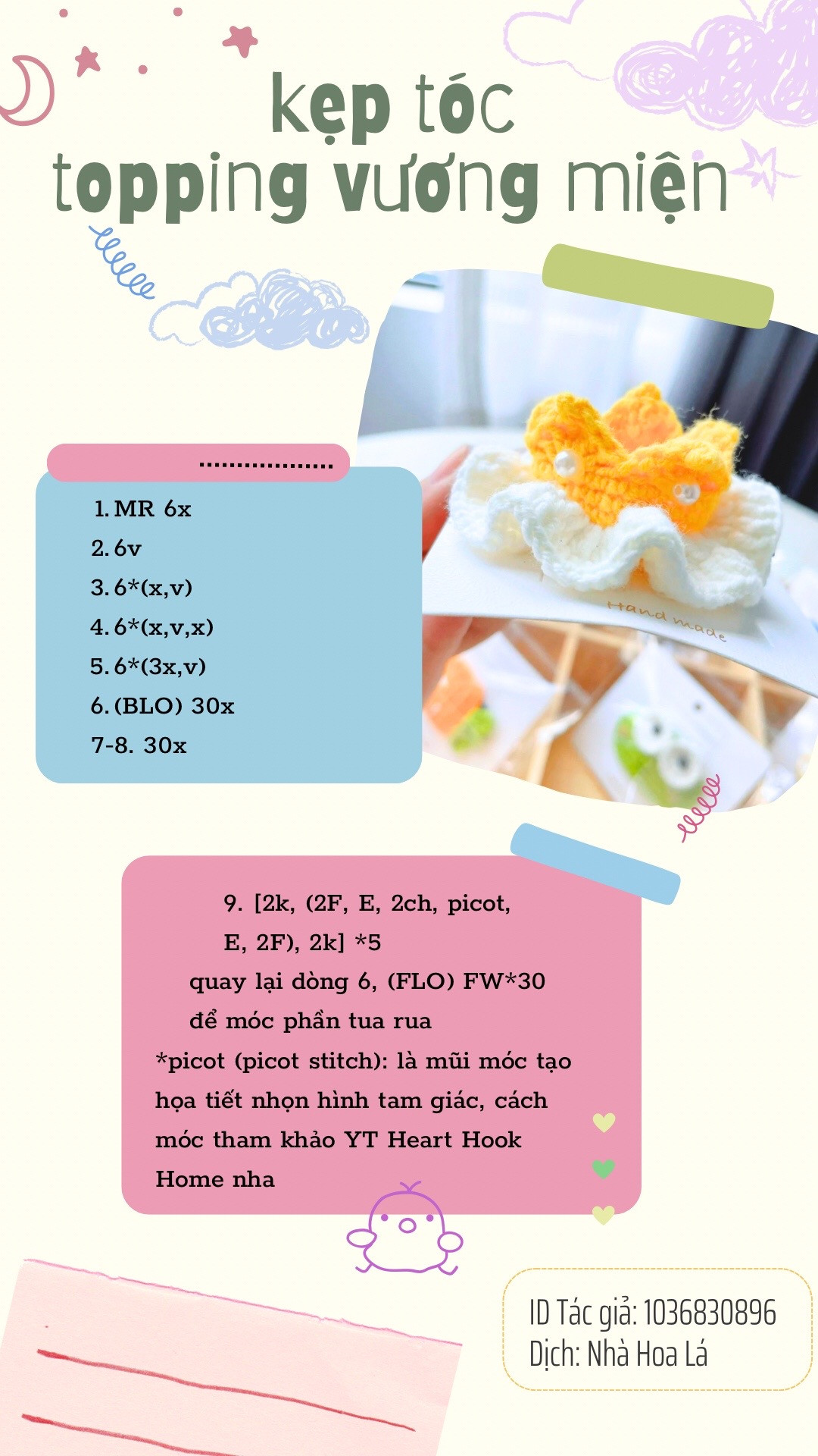 Chart móc len kẹp tóc: Topping vương miện, Hotdog socola và Trái cây