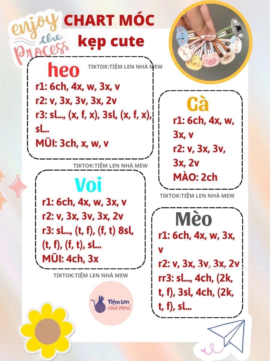 Chart móc len kẹp tóc và búp bê mini dễ thương