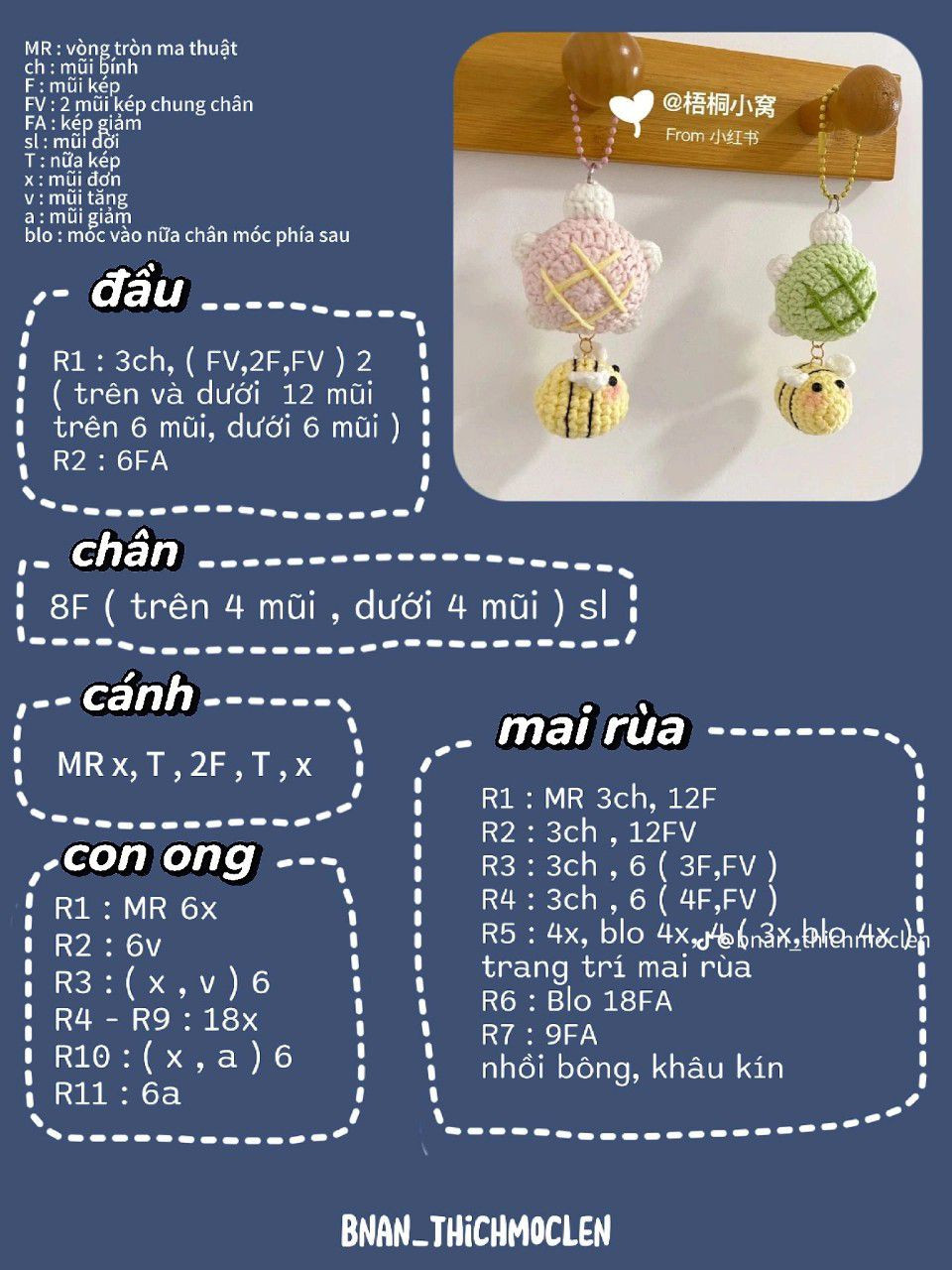 Chart móc len khóa búp bê cừu, chuột, rùa và heo dễ thương