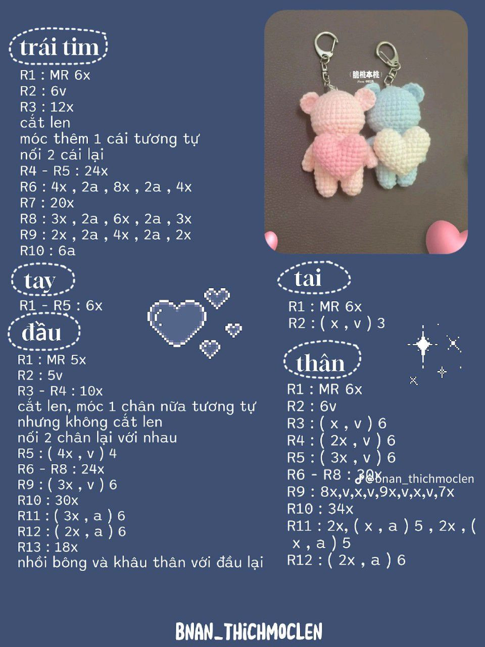 Chart móc len khóa búp bê cừu, chuột, rùa và heo dễ thương