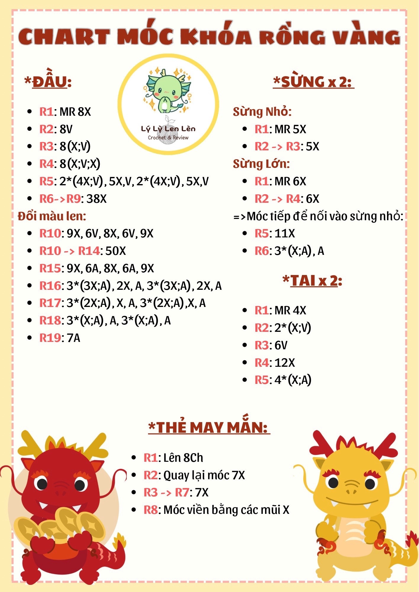 Chart móc len khóa rỗng vàng đầu rồng may mắn
