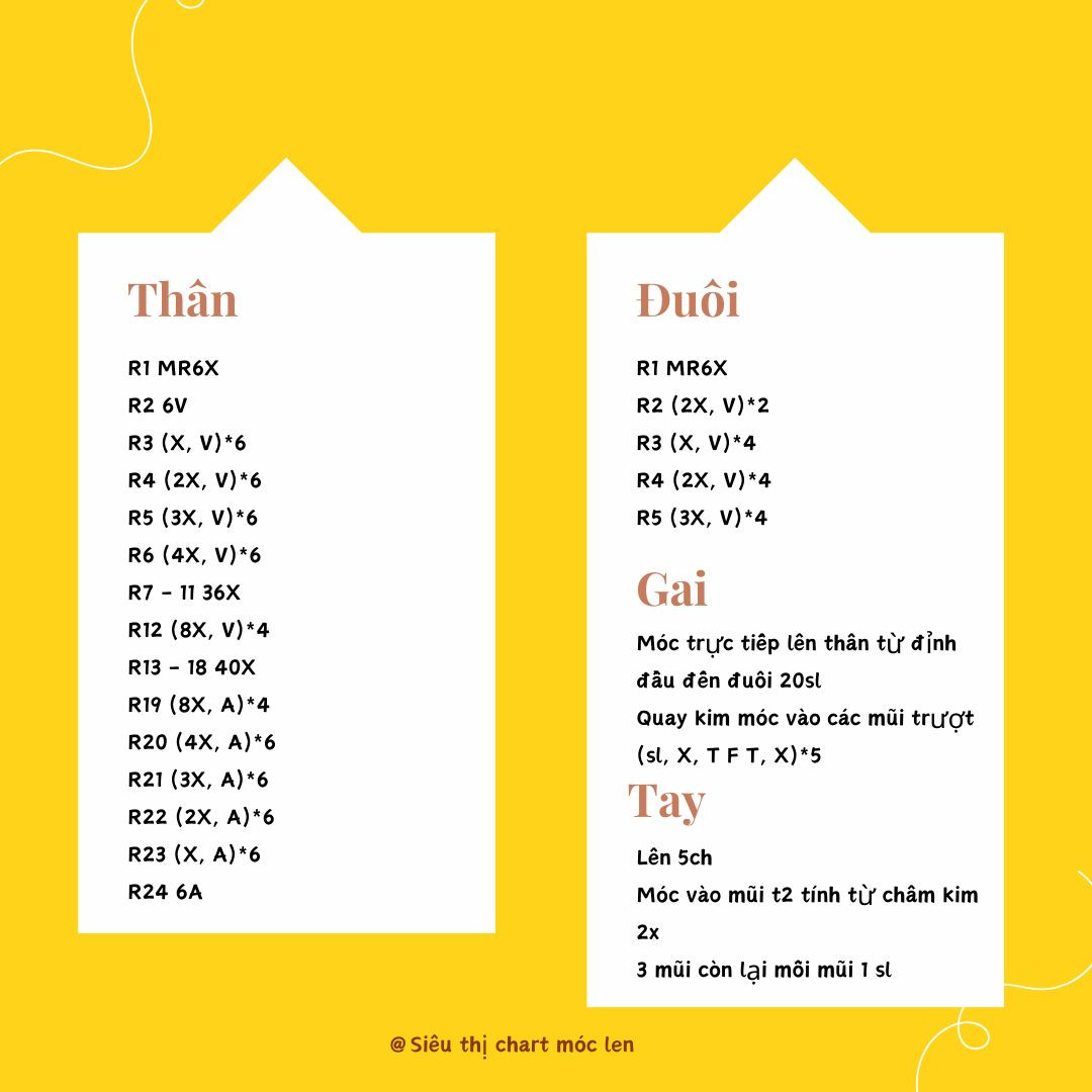 Chart Móc Len Khủng Long Vàng - Hướng Dẫn Chi Tiết Thân Đuôi Gai Tay