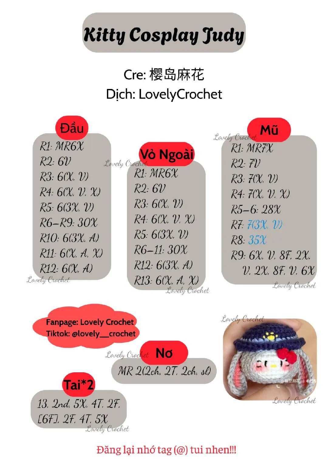 Chart móc len Kitty Cosplay Judy cảnh sát dễ thương