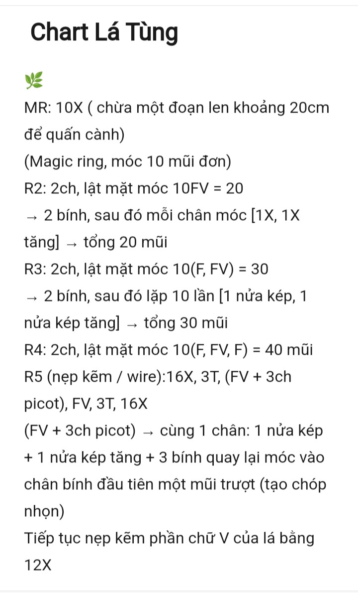 Chart móc len lá hoa Tùng màu xanh, hướng dẫn chi tiết từng hàng