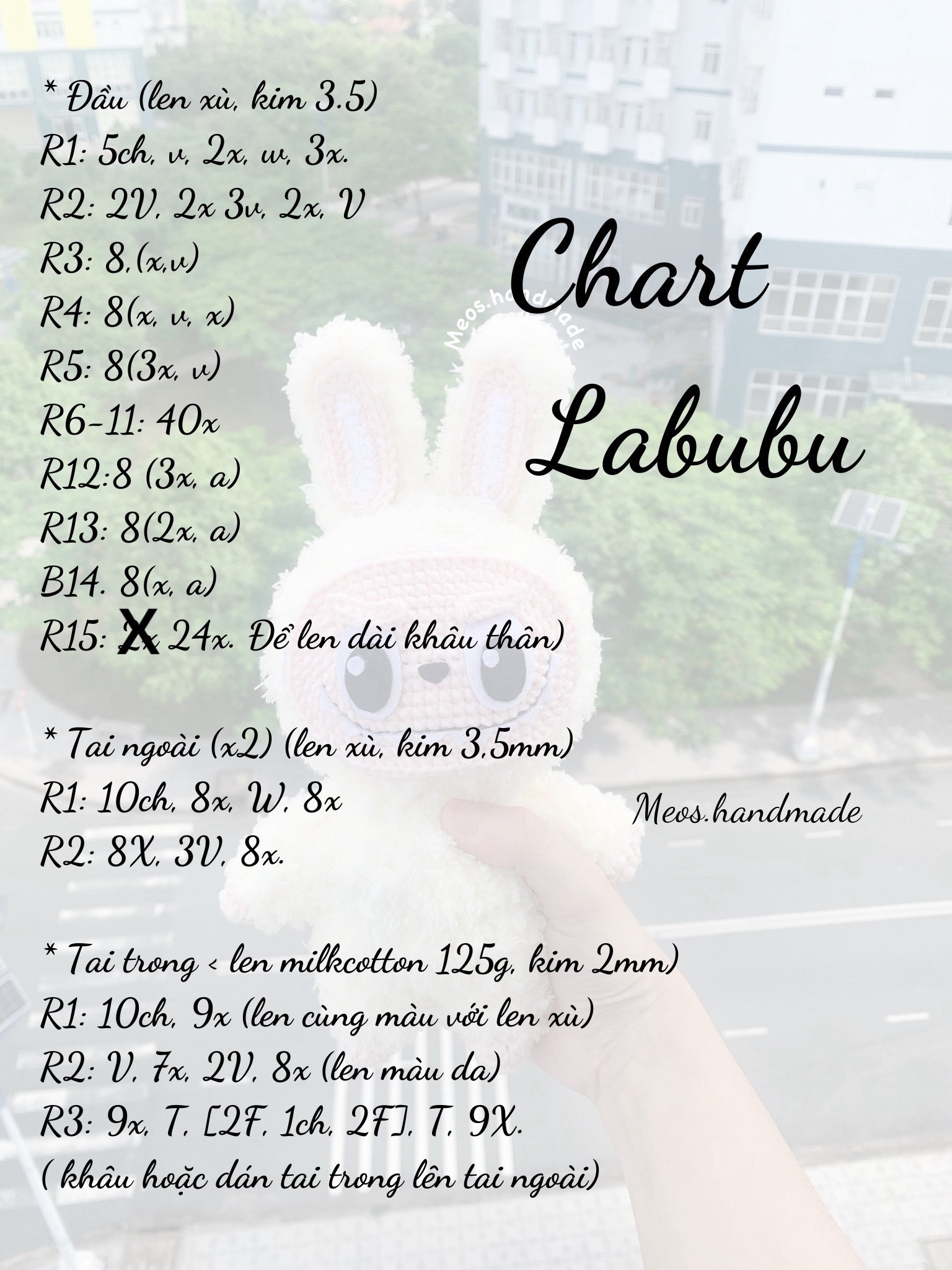 Chart móc len Labubu - Búp bê thỏ màu kem trắng và hồng, hướng dẫn chi tiết từng phần