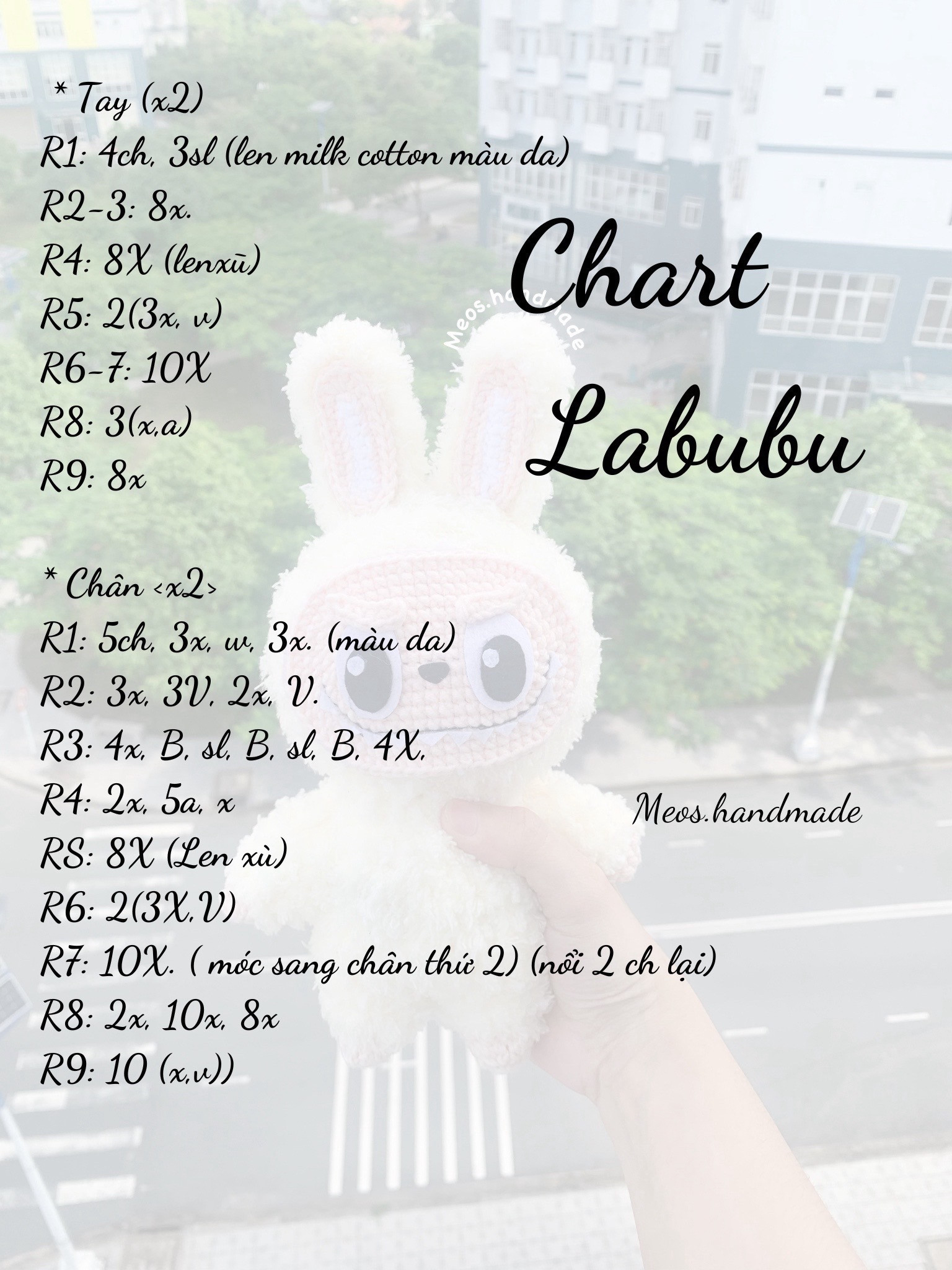 Chart móc len Labubu - Búp bê thỏ màu kem trắng và hồng, hướng dẫn chi tiết từng phần