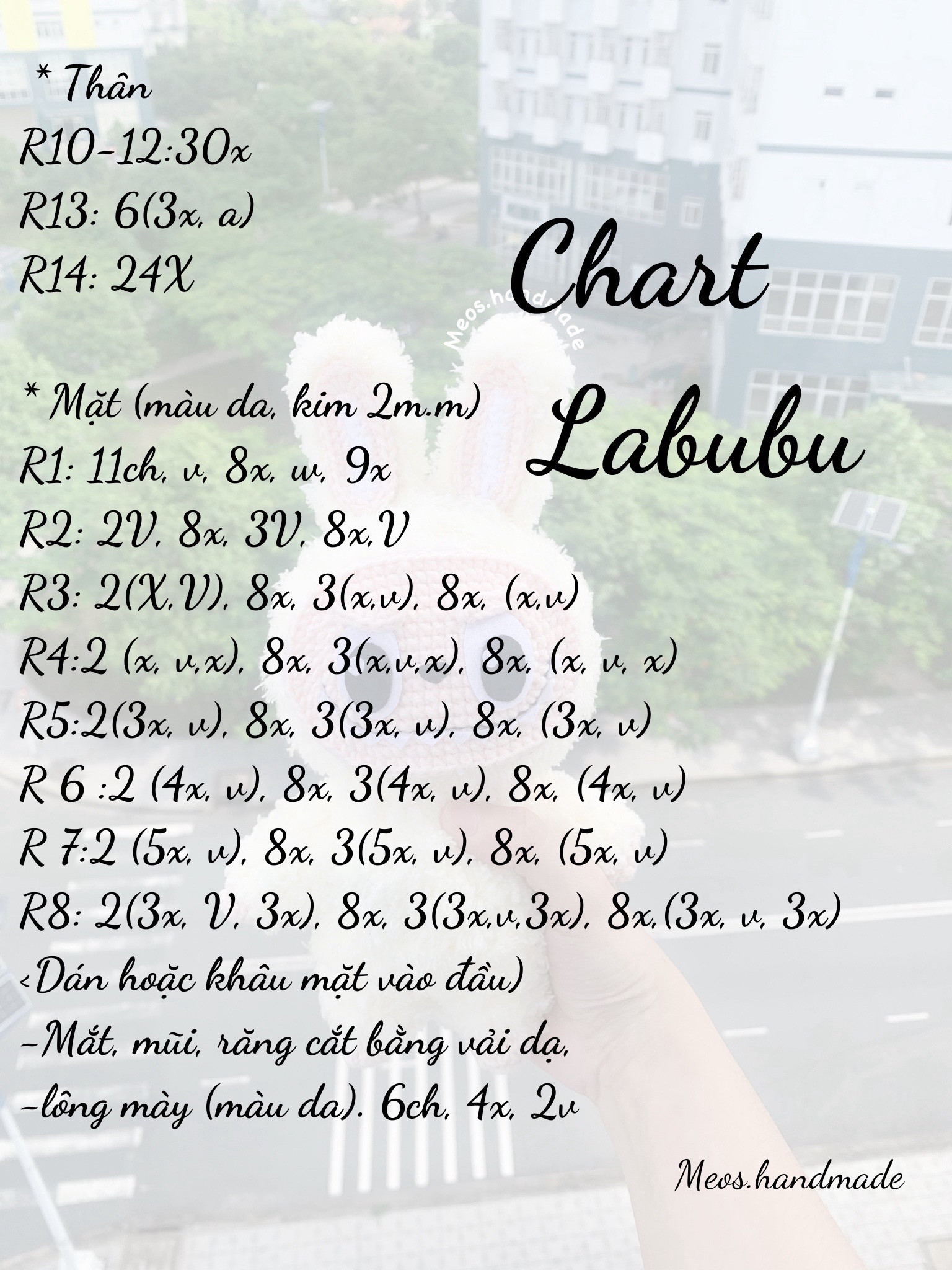 Chart móc len Labubu - Búp bê thỏ màu kem trắng và hồng, hướng dẫn chi tiết từng phần