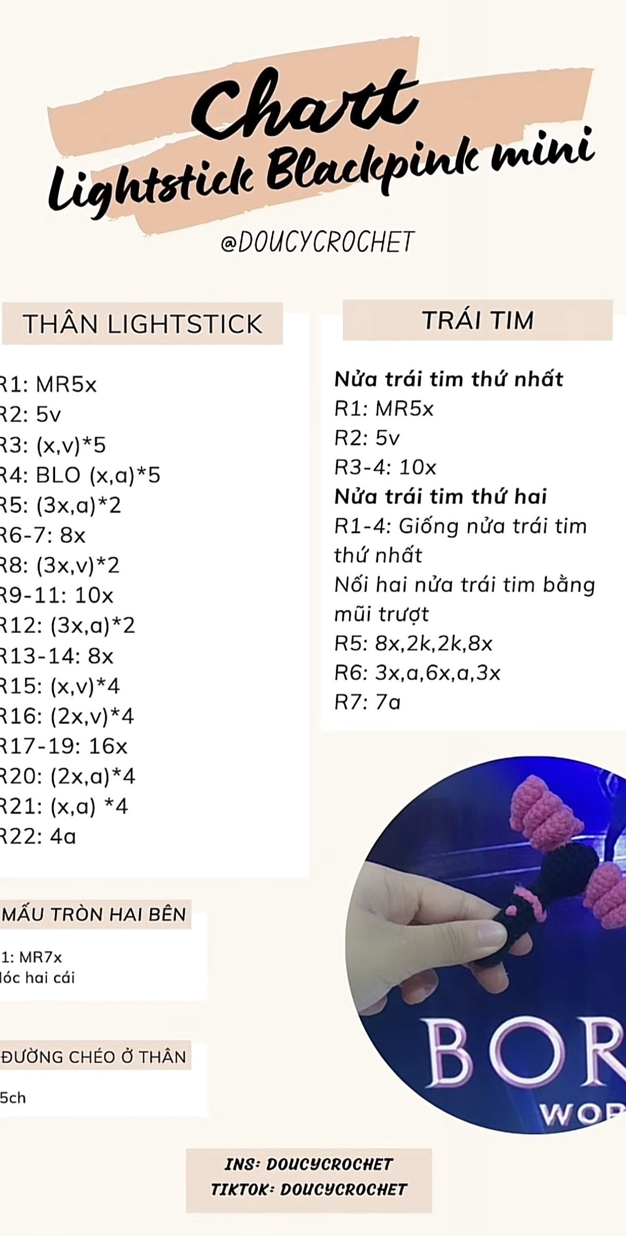 Chart móc len Lightstick Blackpink mini đen hồng