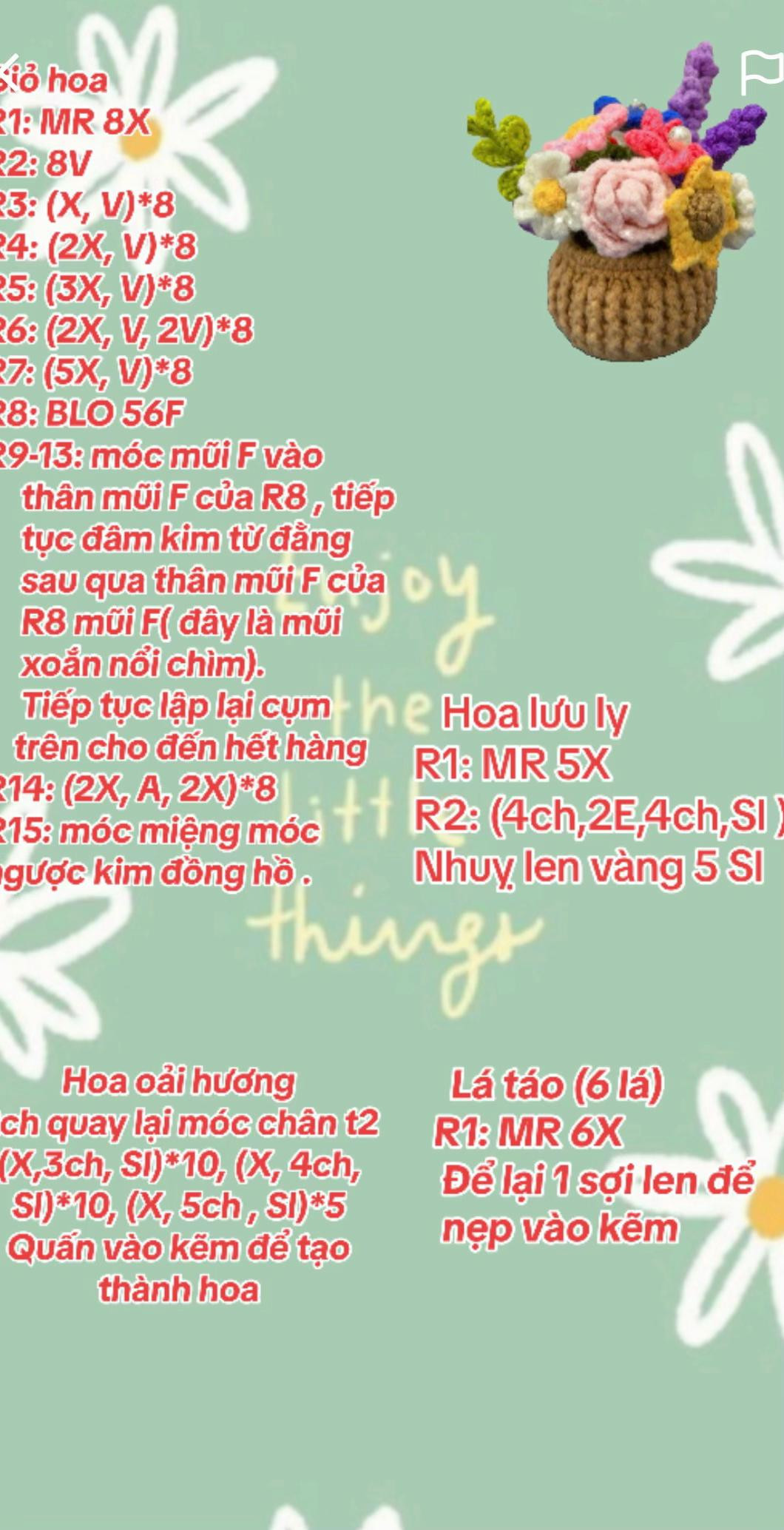 Chart móc len lọ hoa nhiều màu sắc với hồng, cúc và hướng dương