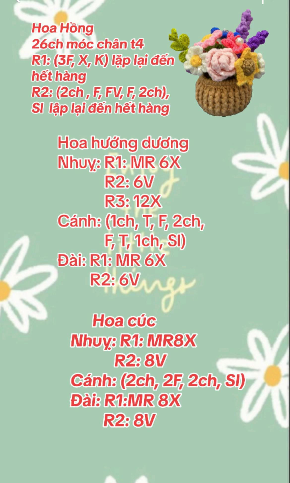 Chart móc len lọ hoa nhiều màu sắc với hồng, cúc và hướng dương