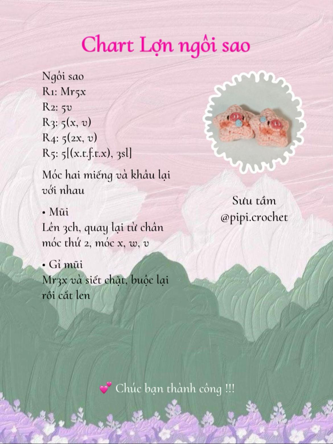 Chart móc len Lợn ngôi sao dễ thương màu hồng