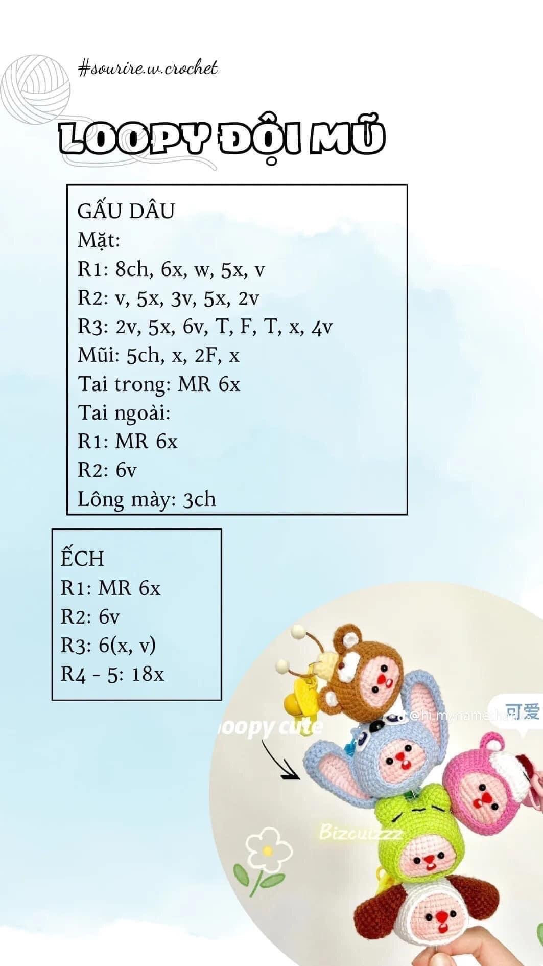 Chart móc len Loopy đội mũ: Gấu, Thỏ, Rùa, Hươu