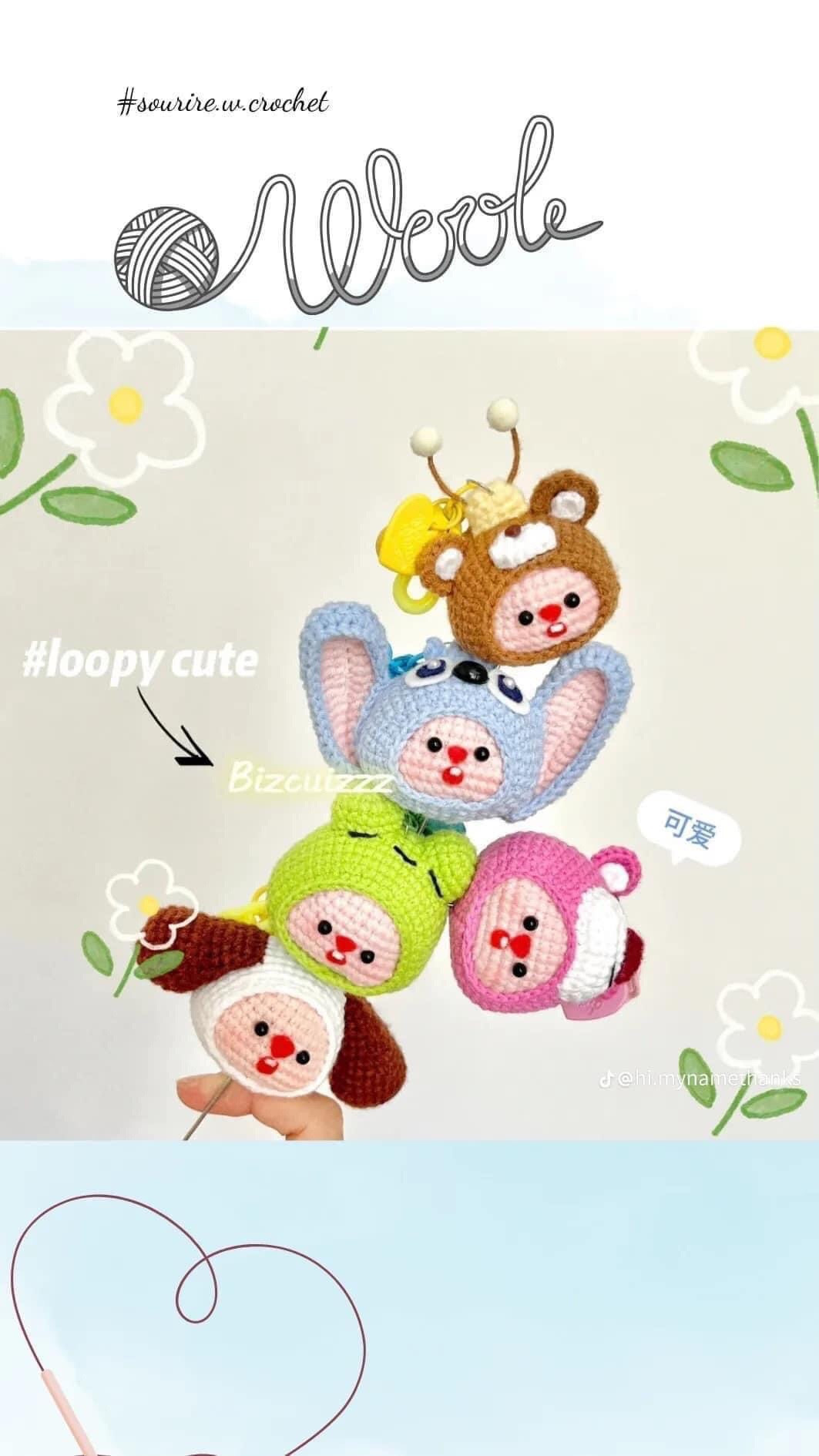 Chart móc len Loopy đội mũ: Gấu, Thỏ, Rùa, Hươu