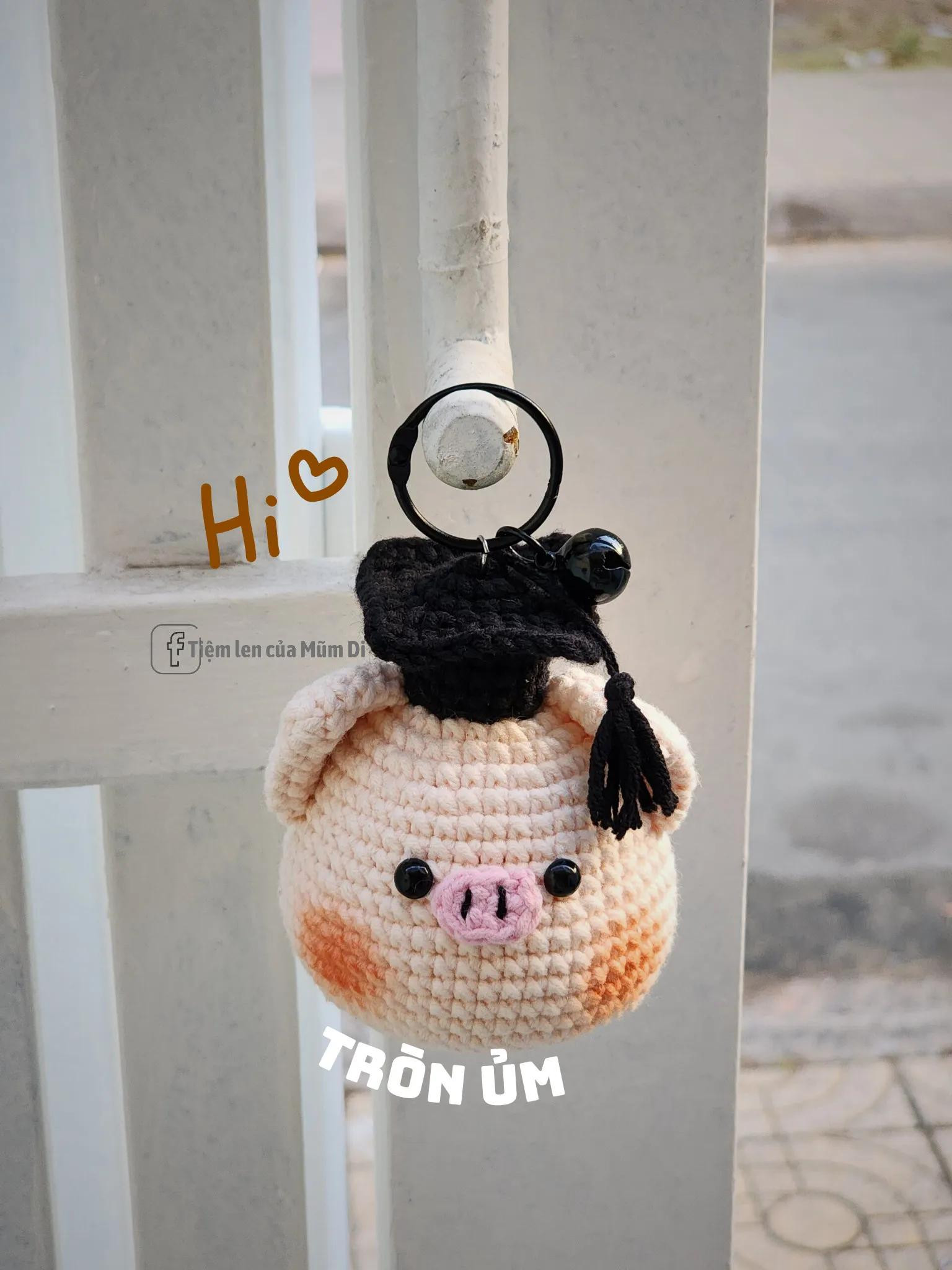 Chart móc len lười hình con lợn tốt nghiệp mũ áo đen