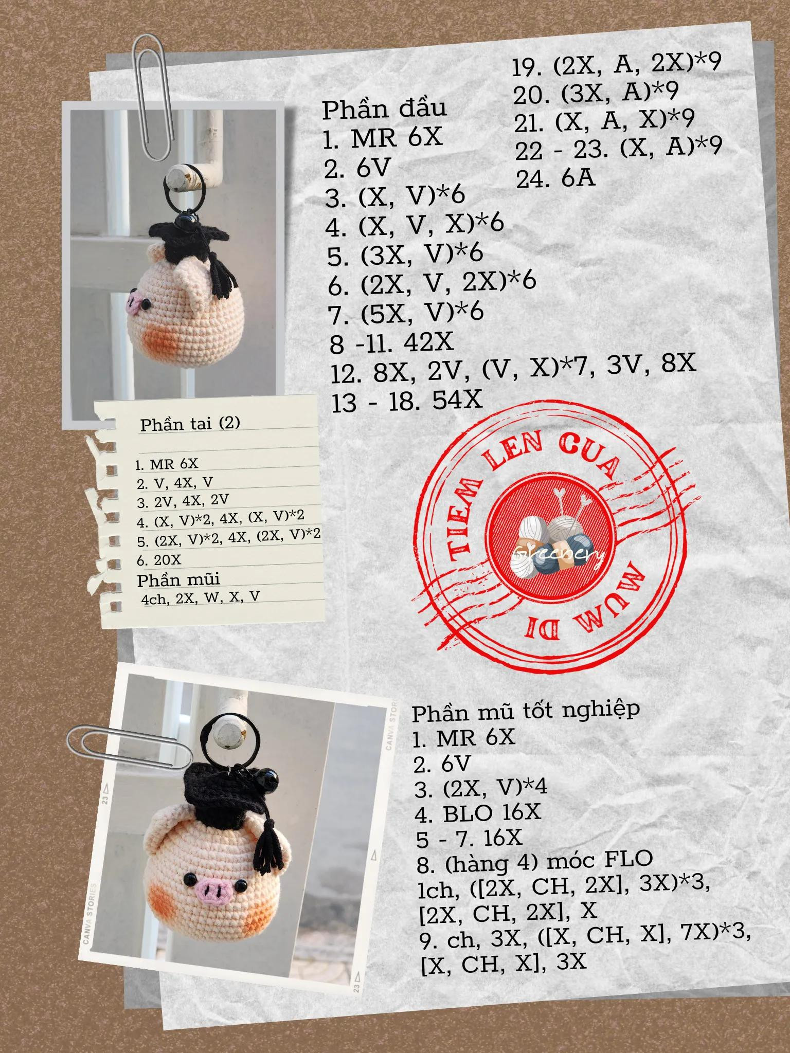 Chart móc len lười hình con lợn tốt nghiệp mũ áo đen