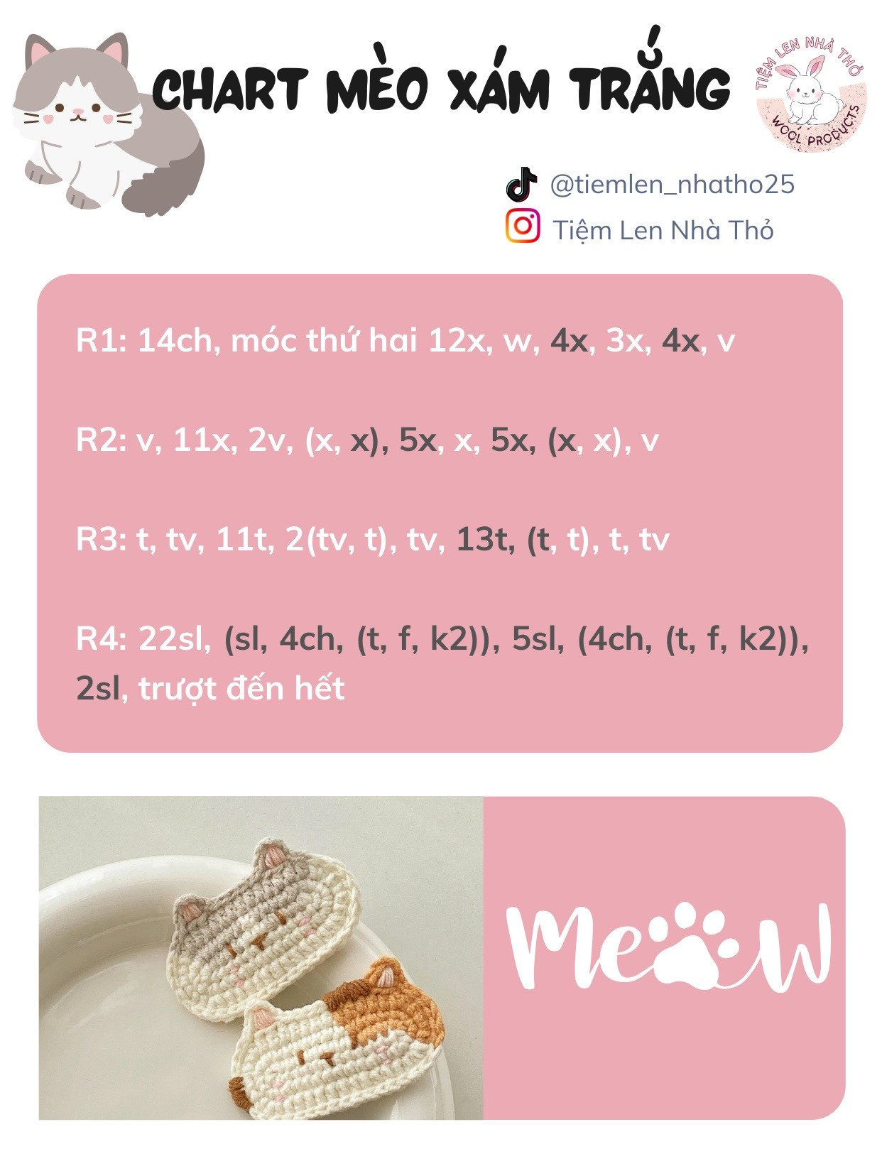 Chart móc len mặt mèo xám trắng dễ thương