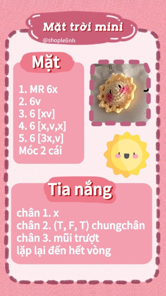 Chart móc len mặt trời mini và mặt trời to, hướng dẫn chi tiết từng hàng