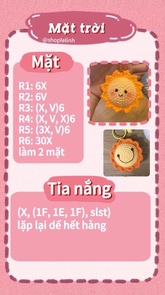 Chart móc len mặt trời mini và mặt trời to, hướng dẫn chi tiết từng hàng