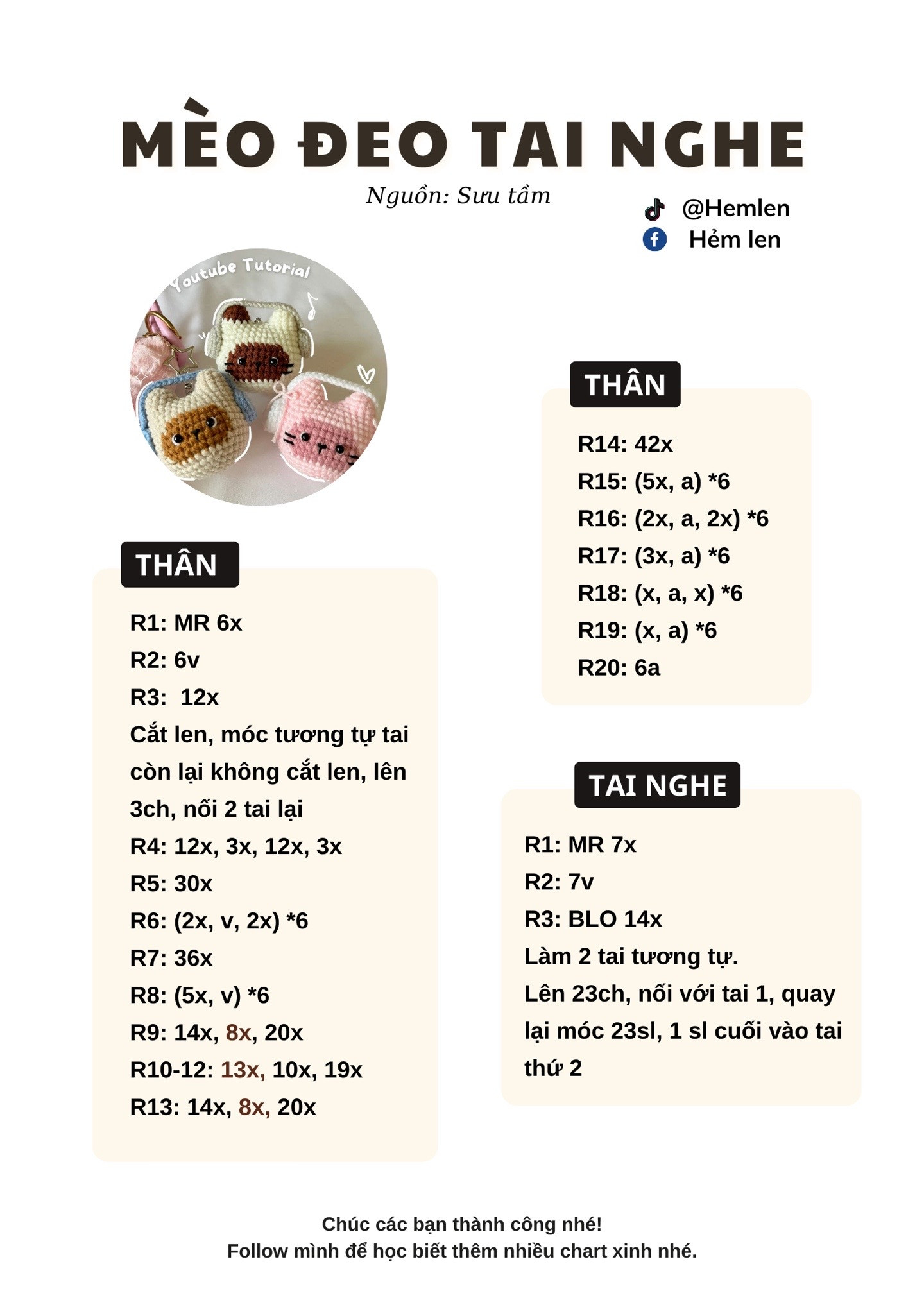 Chart móc len Mèo đeo tai nghe nhiều màu