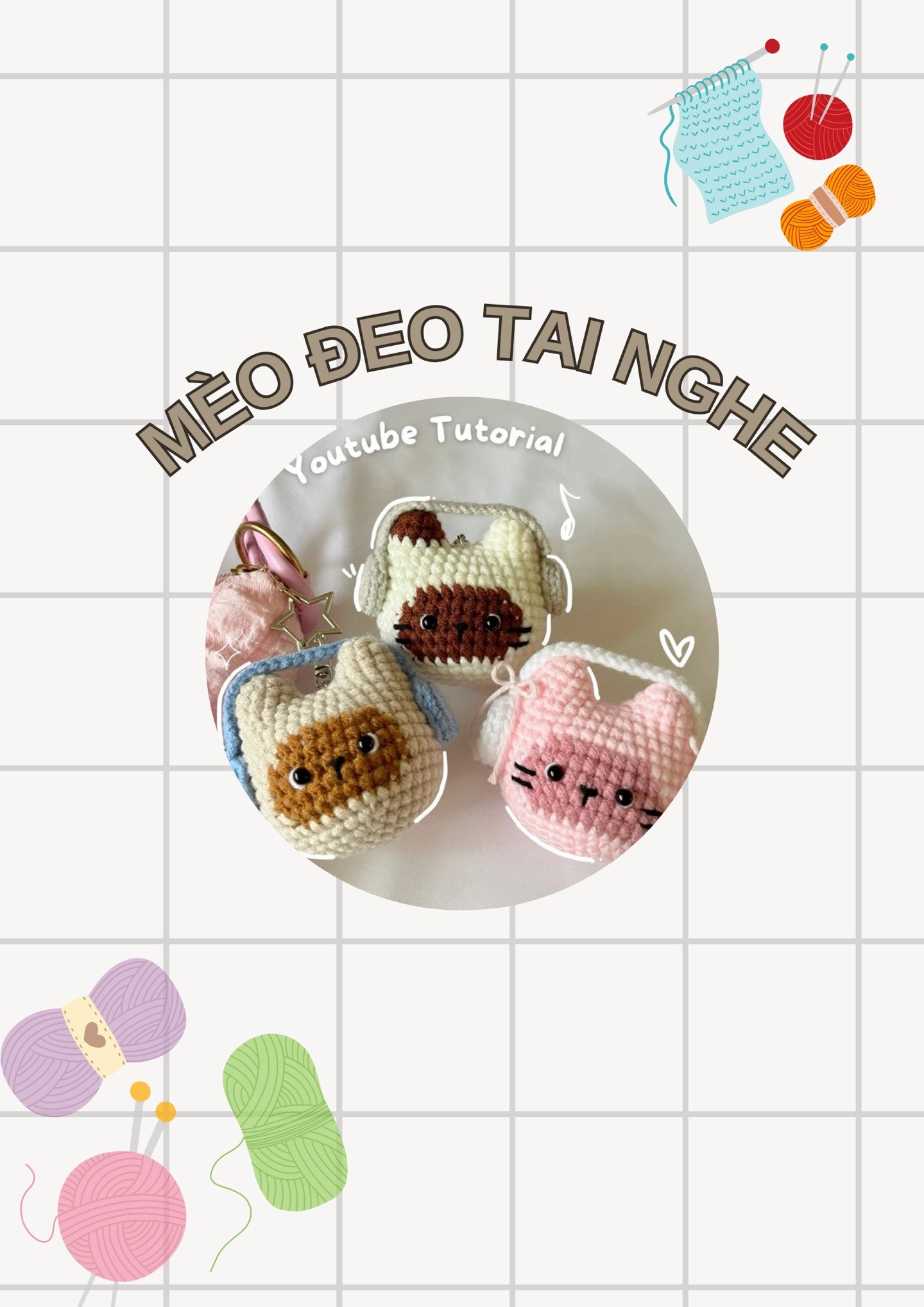 Chart móc len Mèo đeo tai nghe nhiều màu