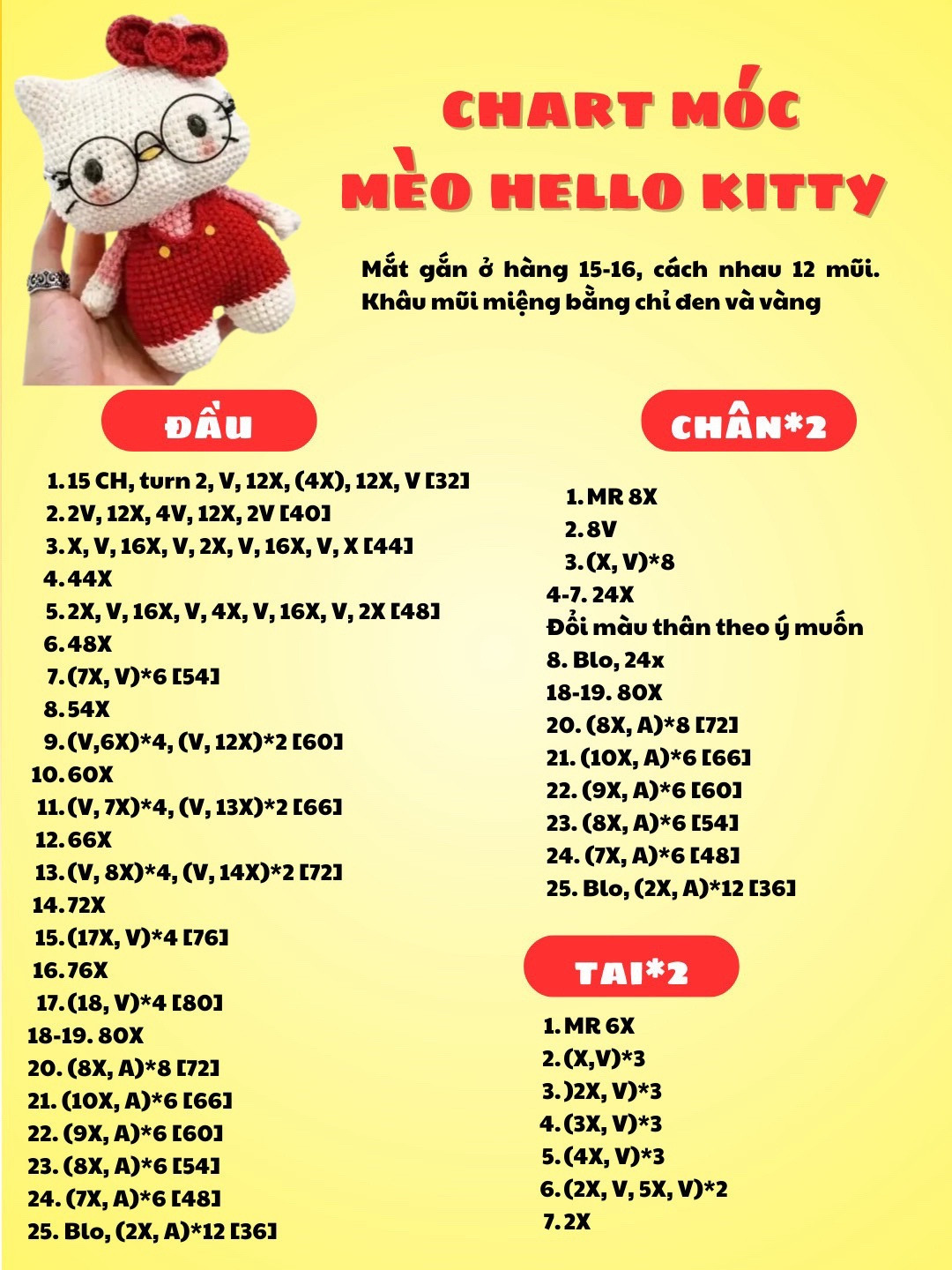 Chart móc len Mèo Hello Kitty dễ thương với nhiều trang phục và phụ kiện
