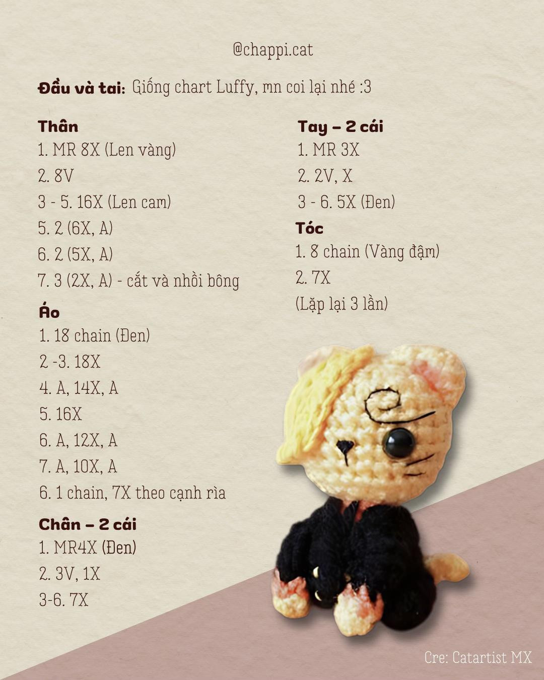 Chart móc len mèo hóa nhân vật Sanji One Piece