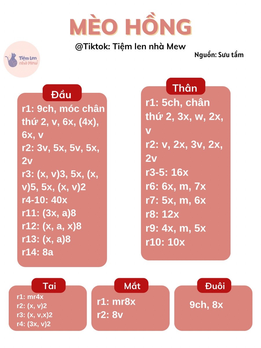 Chart móc len Mèo Hồng dễ thương