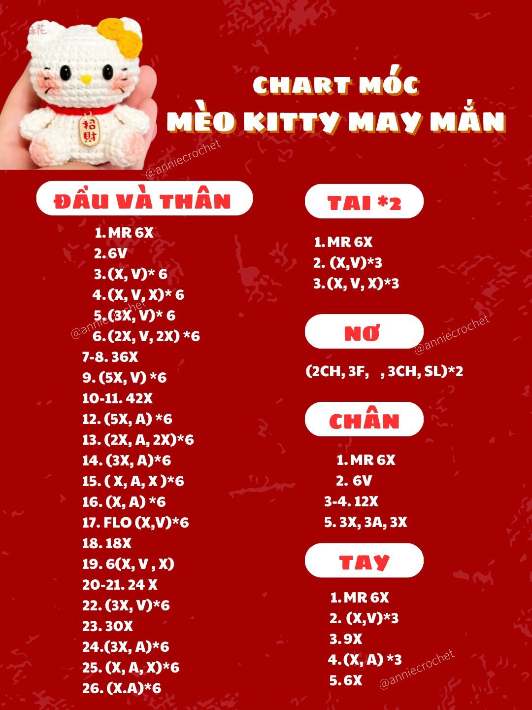 Chart móc len Mèo Kitty May Mắn - Hướng dẫn chi tiết từng bước làm búp bê amigurumi dễ thương