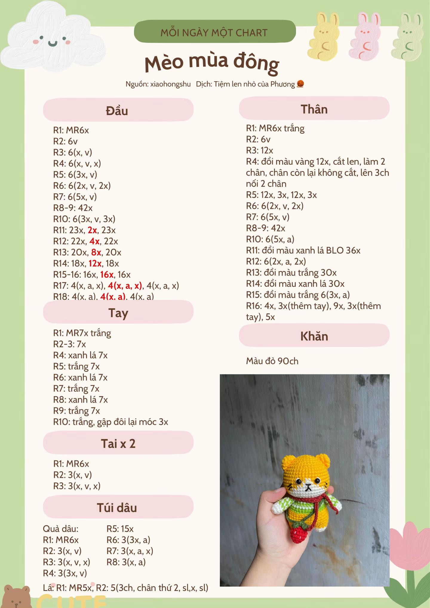 Chart móc len Mèo mùa đông dễ thương, màu đỏ và cam