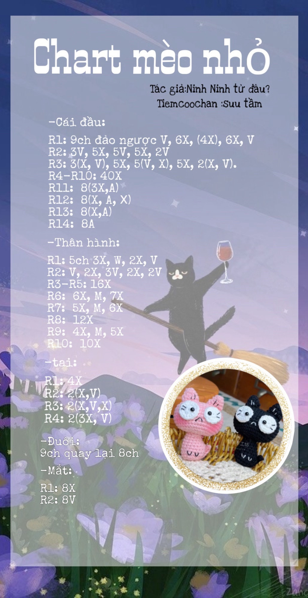 Chart móc len mèo nhỏ màu hồng và đen dễ thương