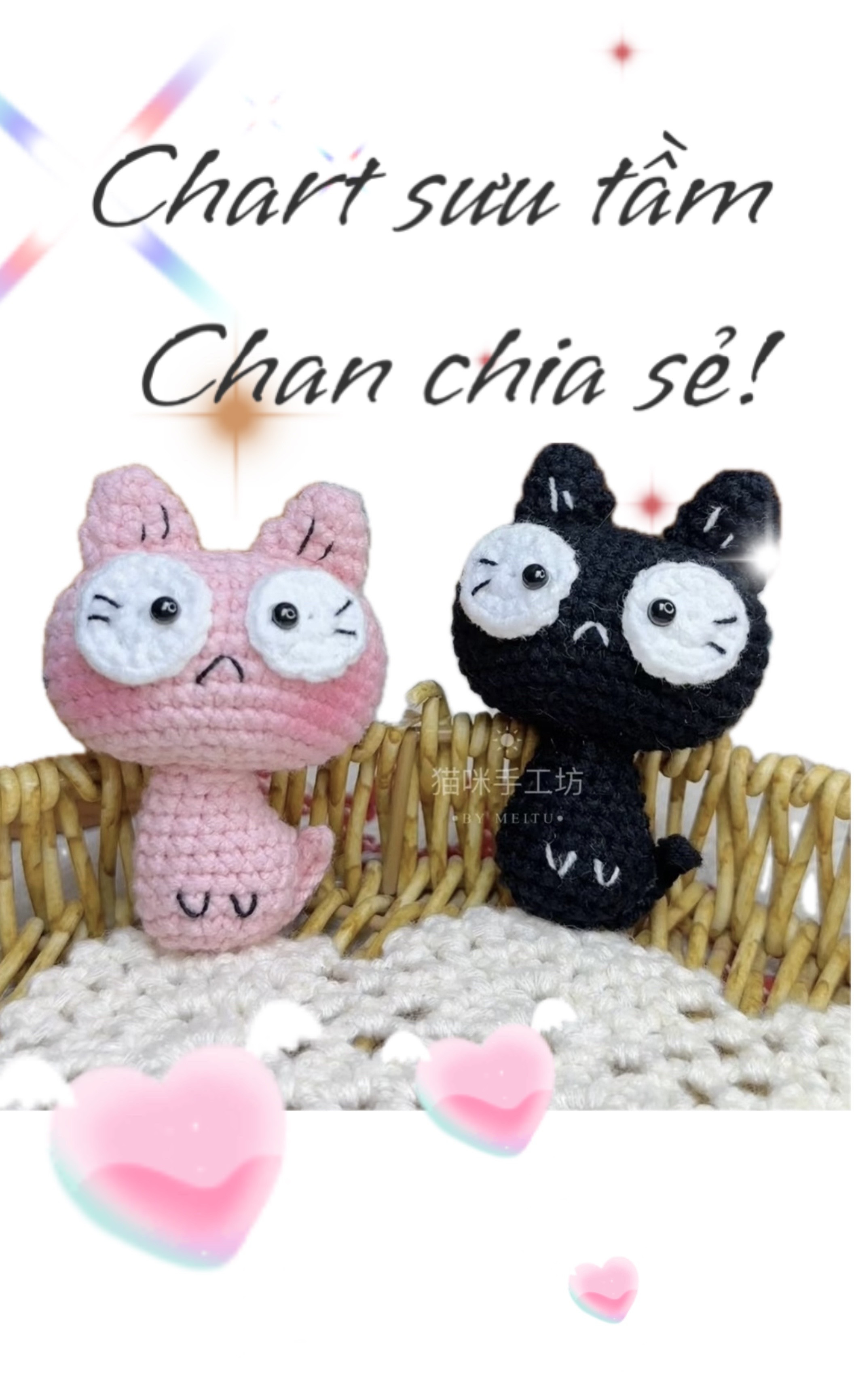 Chart móc len mèo nhỏ màu hồng và đen dễ thương