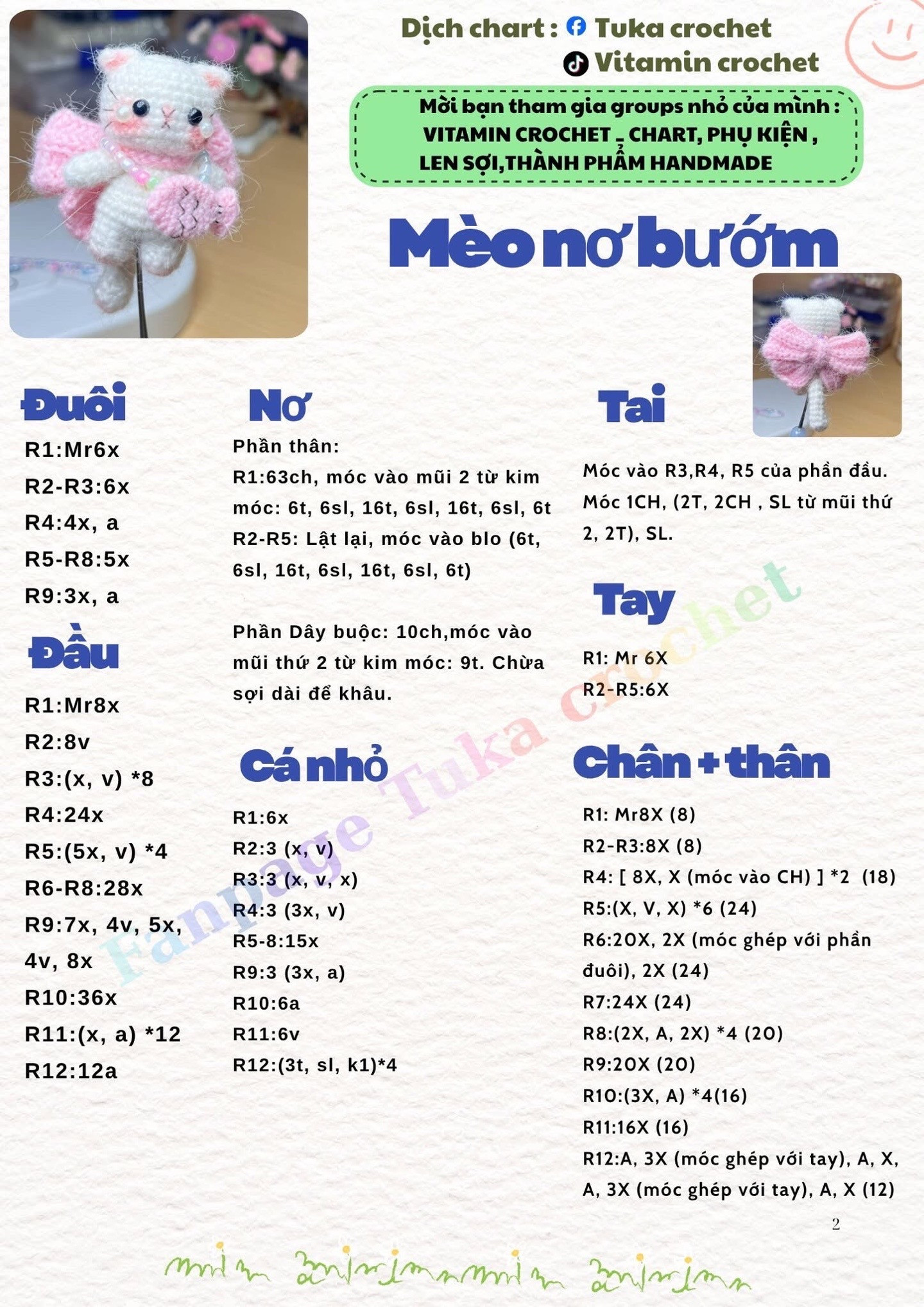 Chart móc len Mèo nơ bướm trắng hồng dễ thương