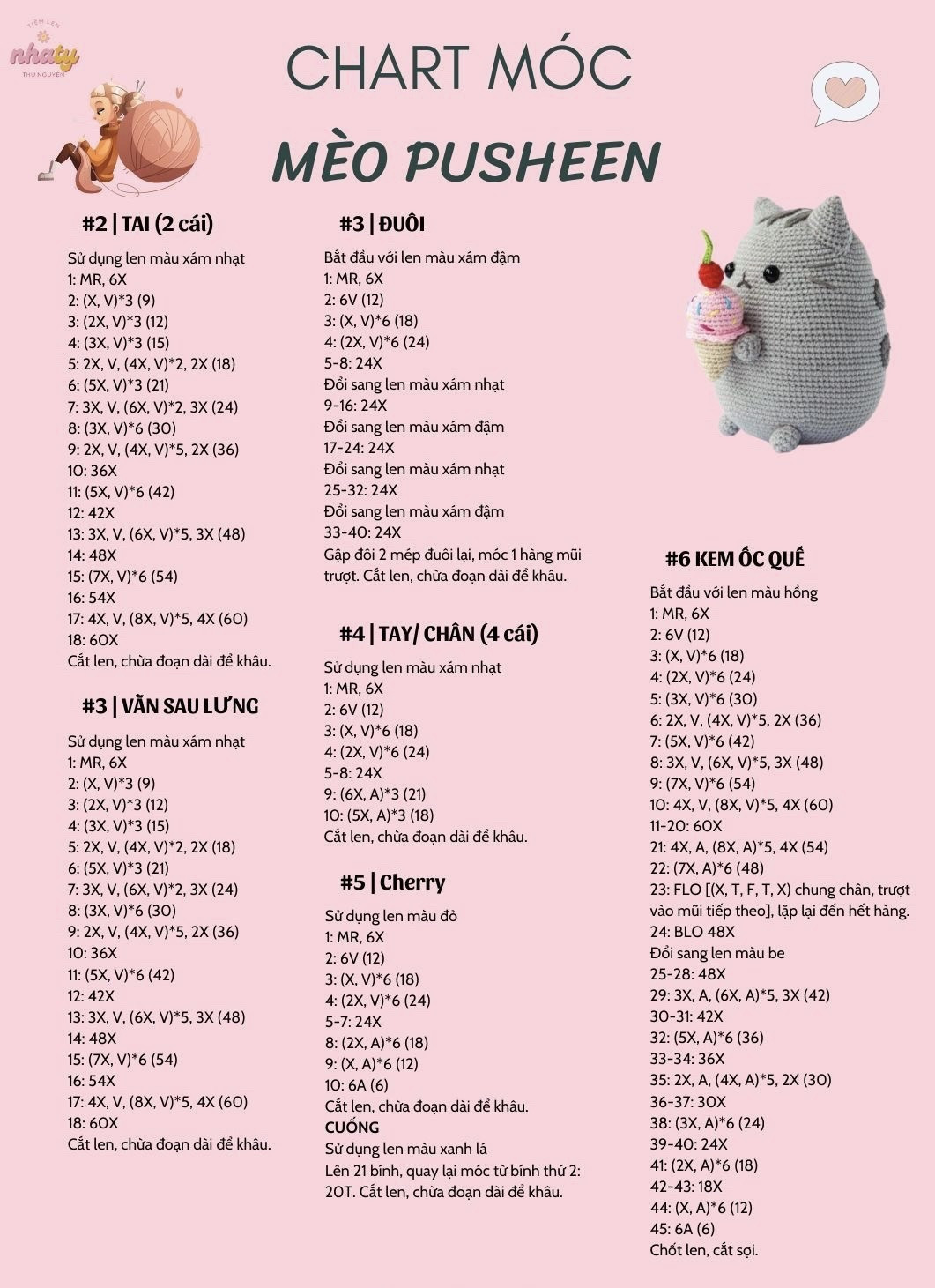 Chart móc len Mèo Pusheen xám dễ thương kèm kem ốc quế