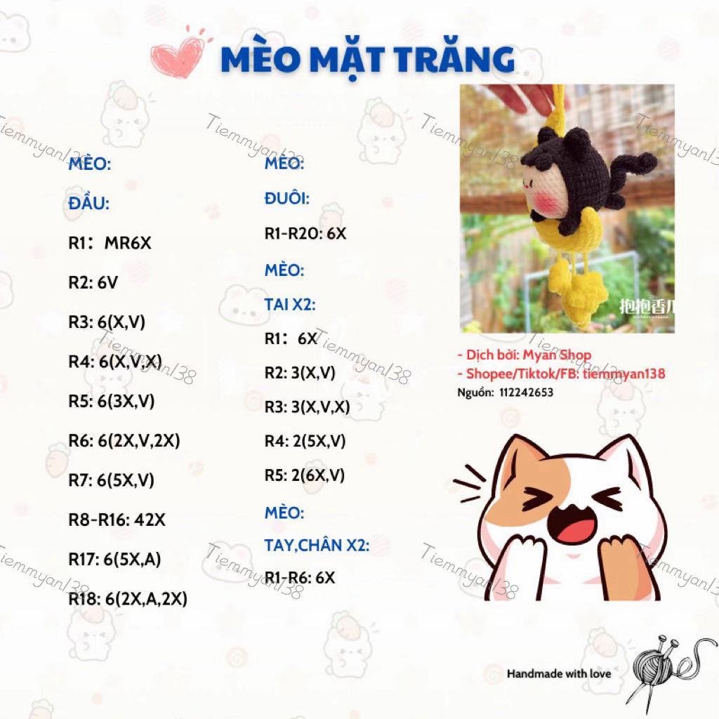 Chart Móc Len Miễn Phí: Búp bê Mèo Mặt Trăng và Thỏ Ngồi Tròn - Hướng dẫn từng hàng chi tiết