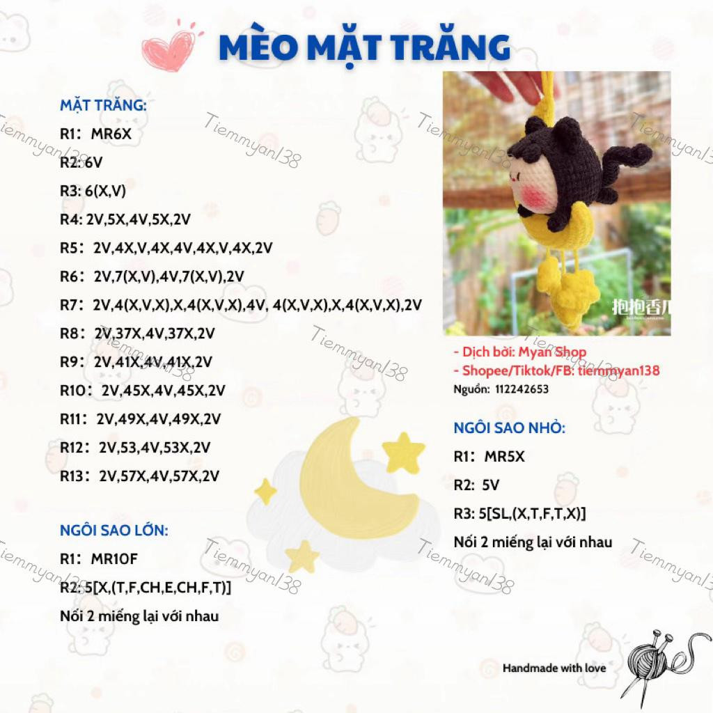 Chart Móc Len Miễn Phí: Búp bê Mèo Mặt Trăng và Thỏ Ngồi Tròn - Hướng dẫn từng hàng chi tiết
