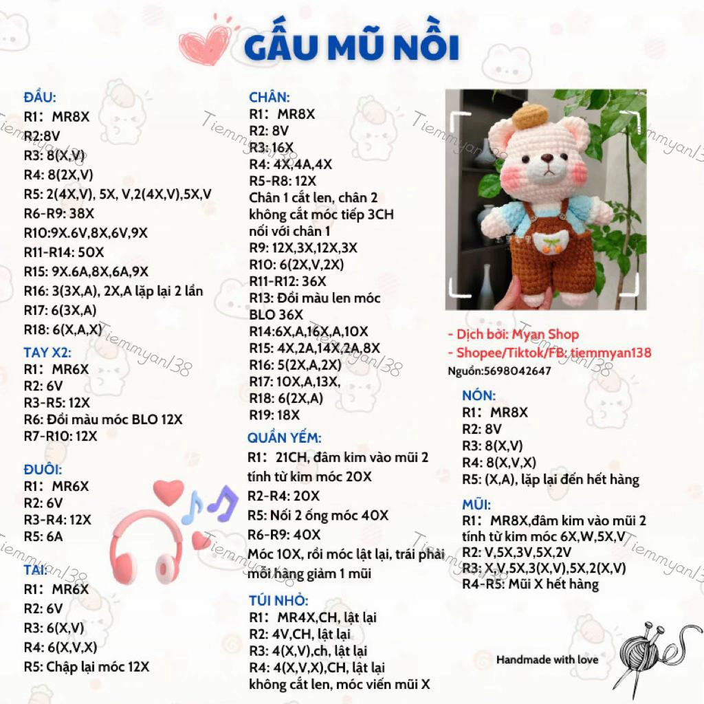 Chart móc len miễn phí: Gấu mũ nồi dễ thương mặc quần yếm, dịch bởi Myan Shop