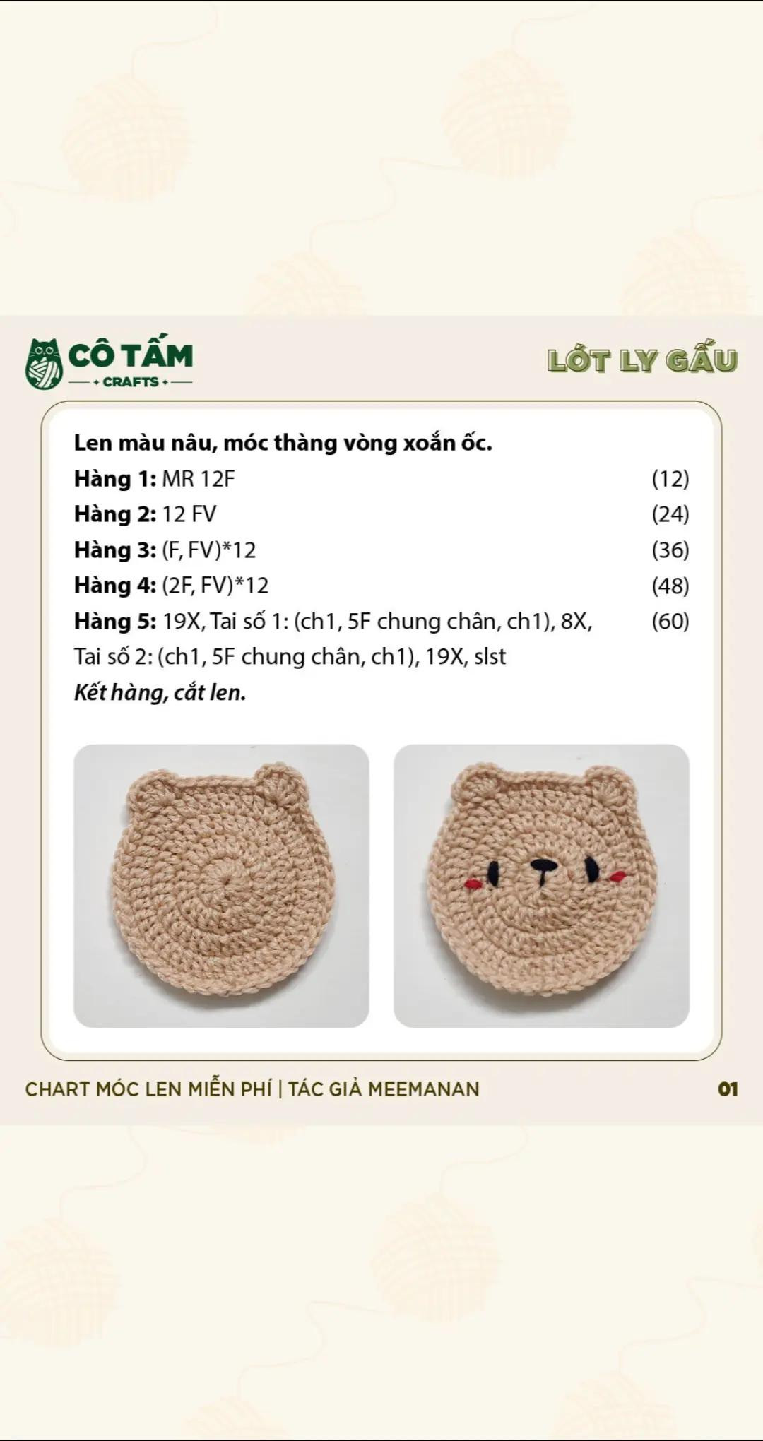 Chart móc len miễn phí Lót ly gấu màu nâu dễ thương, hướng dẫn chi tiết từng hàng