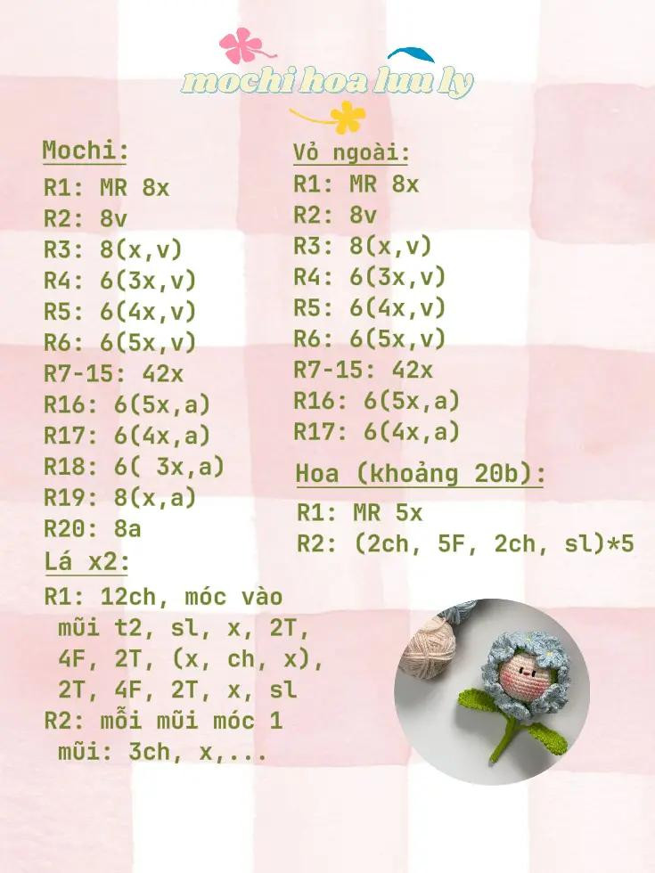Chart Móc Len Mochi Hoa Lưu Ly - Hướng dẫn từng hàng chi tiết